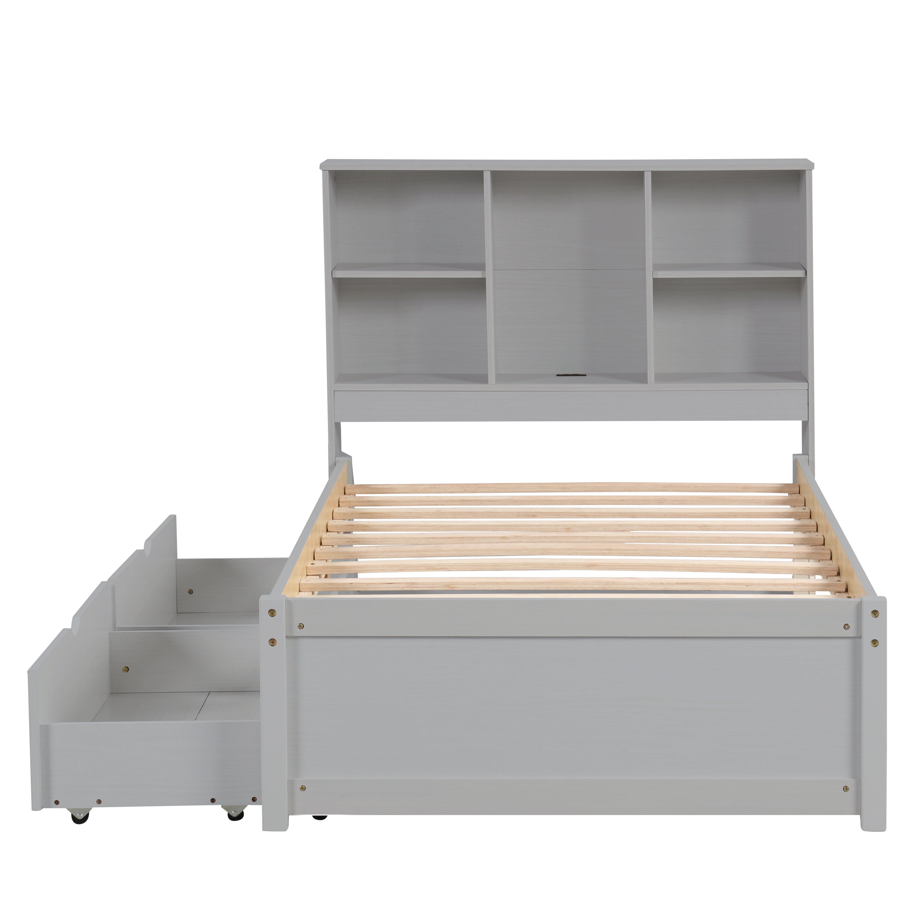 Modern Twin Size Bed Frame With Built-in USB Port on Bookcase Headboard and 2 Drawers for Grey Color