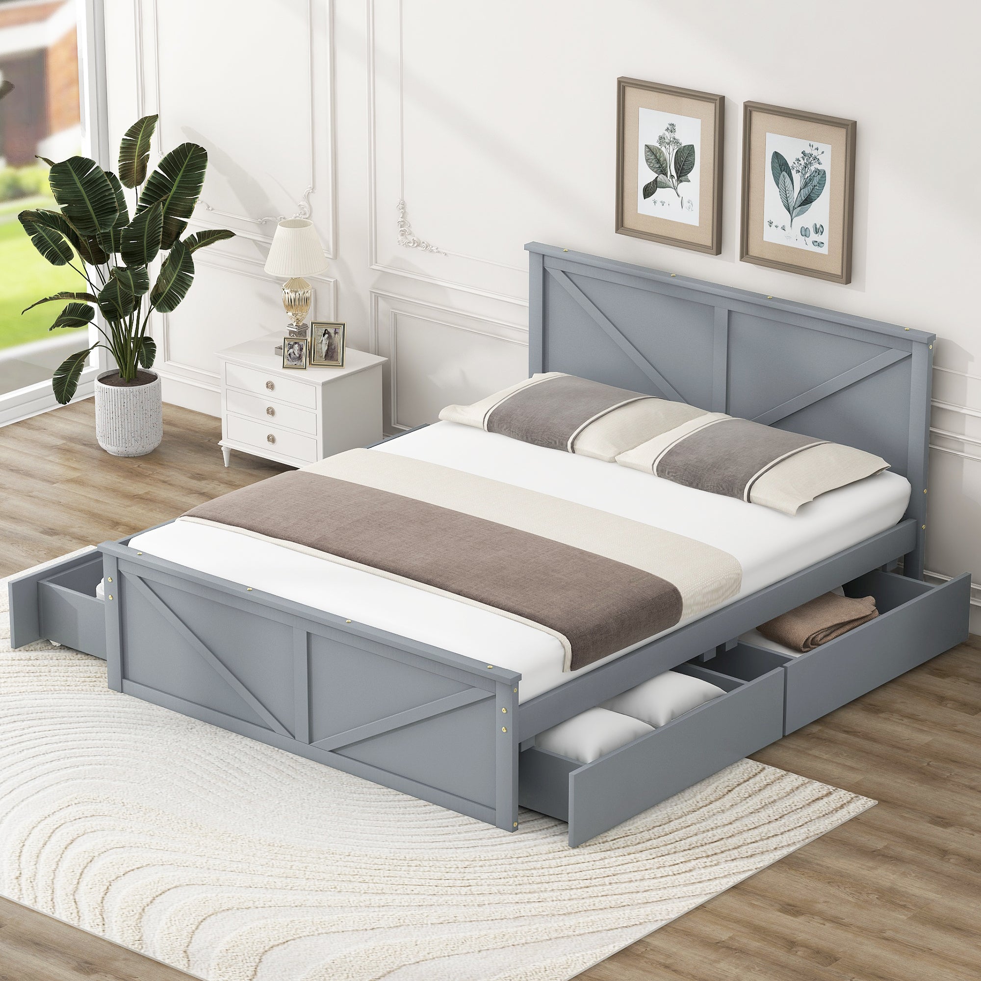 Queen Size Wooden Platform Bed with Four Storage Drawers and Support Legs, Gray