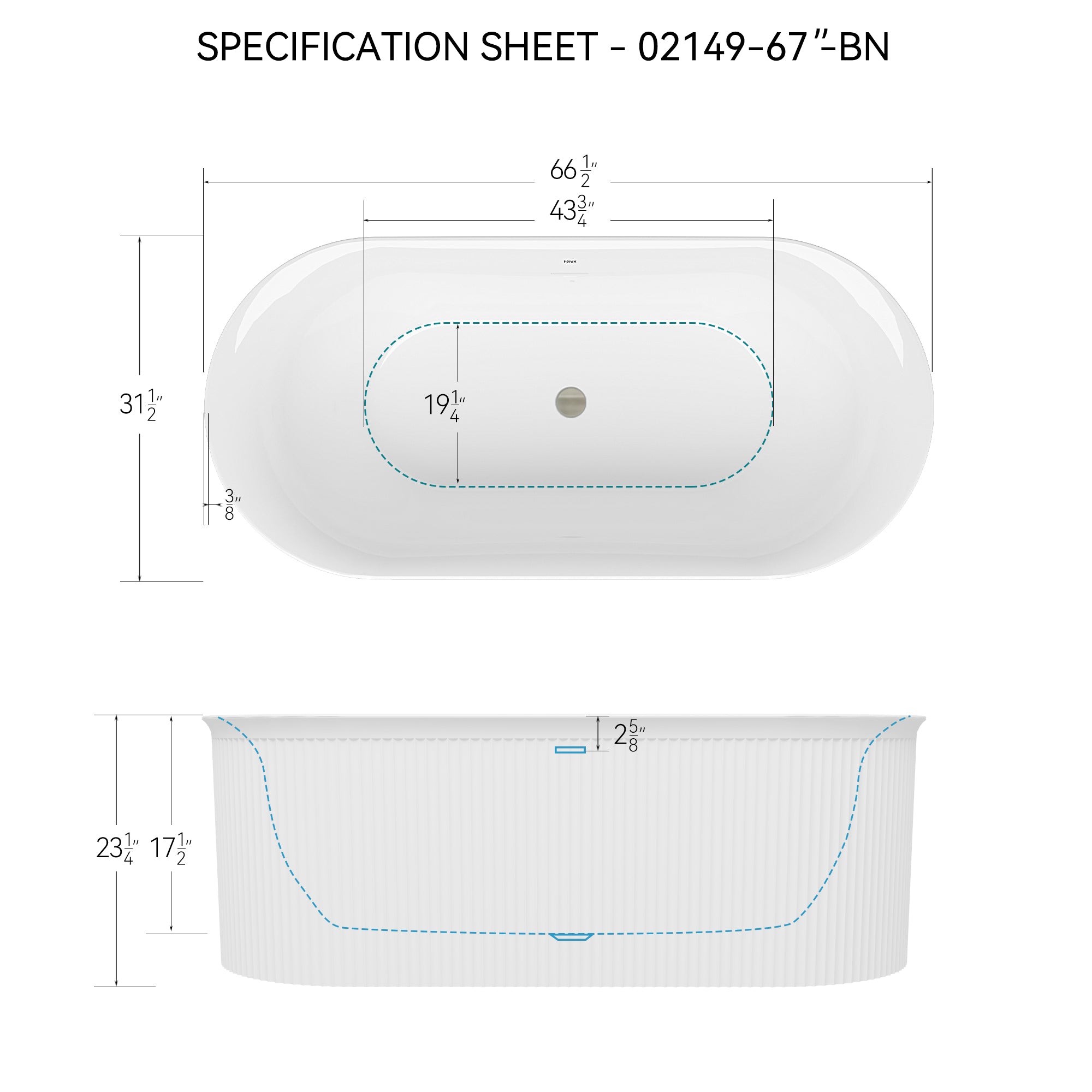 67" Acrylic Freestanding Bathtub-Acrylic Soaking Tubs, Fluted style-Gloss White Freestanding Bathtub With Integrated Slotted Overflow and Brushed Nickel Toe-tap Drain, 02149-BN