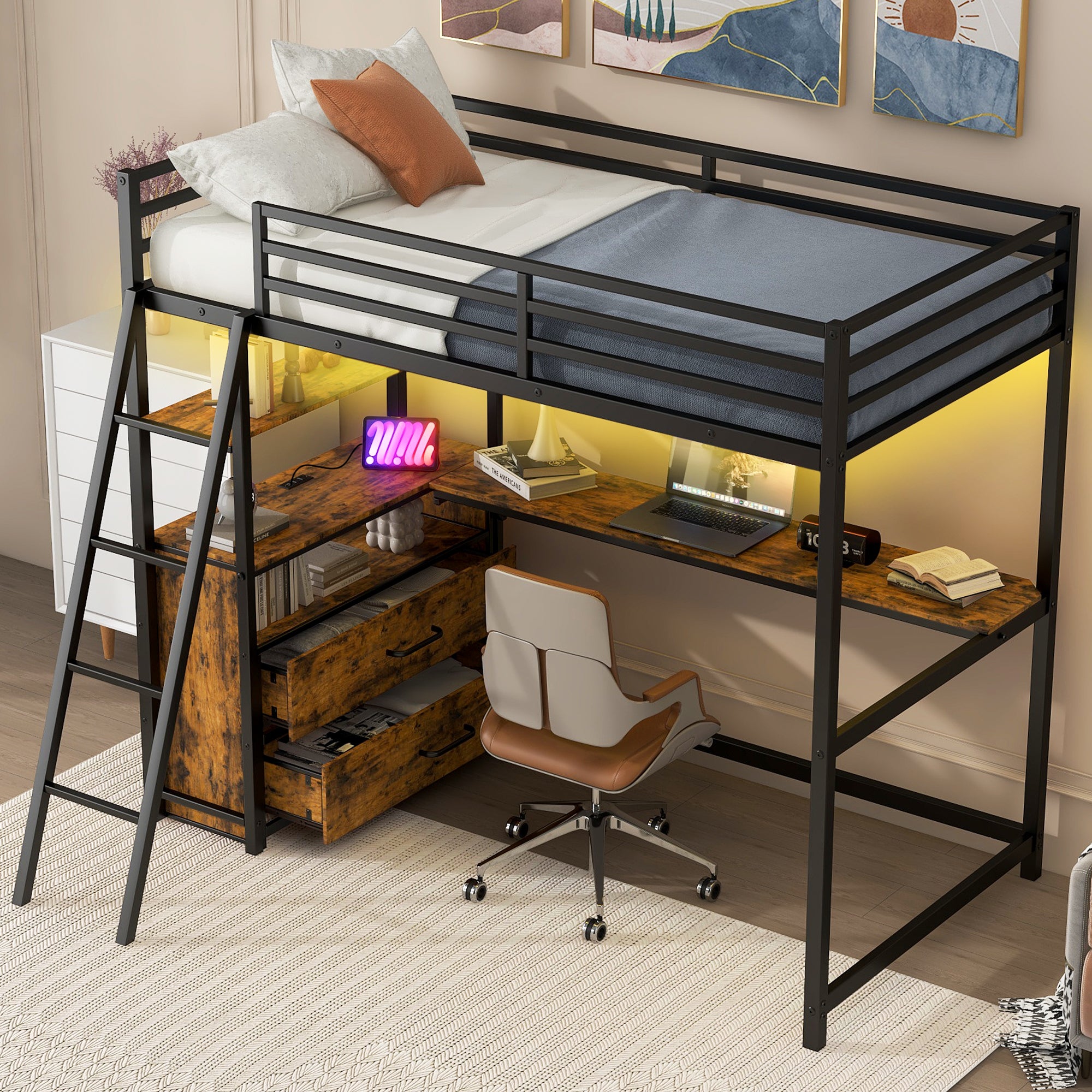 Twin Size Metal&Wood Loft Bed with Desk and Shelves, Two Built-in Drawers, LED Light and USB Charging Station, Black