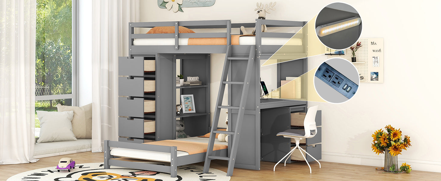 Twin over Twin Bunk Bed with LED Light and USB Ports, Gray