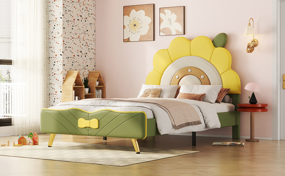 Twin Size Upholstered Platform Bed with Sunflower Shaped Headboard, Green