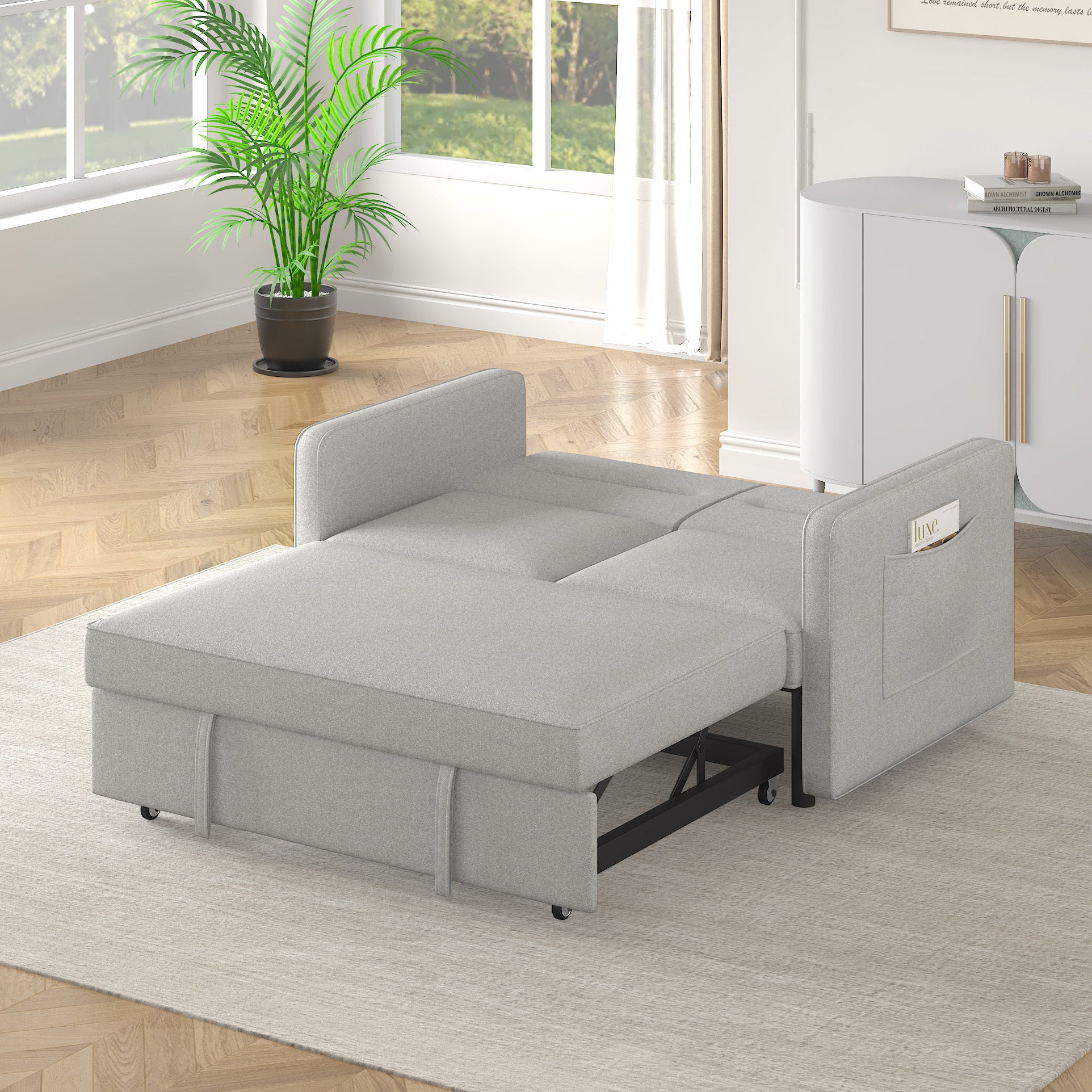 Loveseats Sofa Bed with Pull-out Bed,Adjsutable Back and Two Arm Pocket-Light grey(54.5"x33"x31.5")