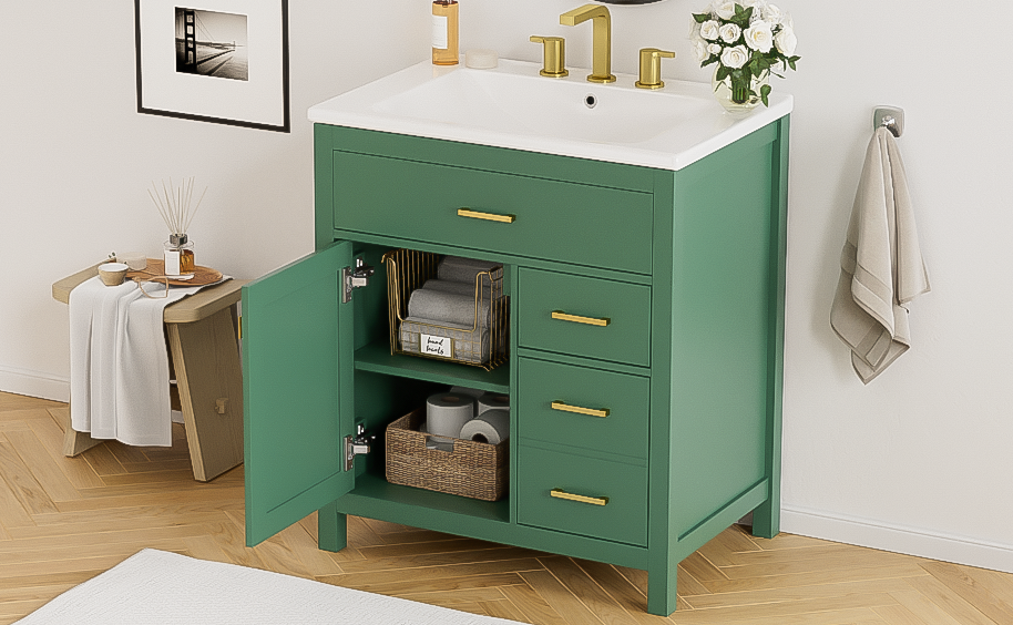 30-Inch Green Bathroom Vanity with Ceramic Sink and Ample Storage - Ideal Choice for Small Bathrooms