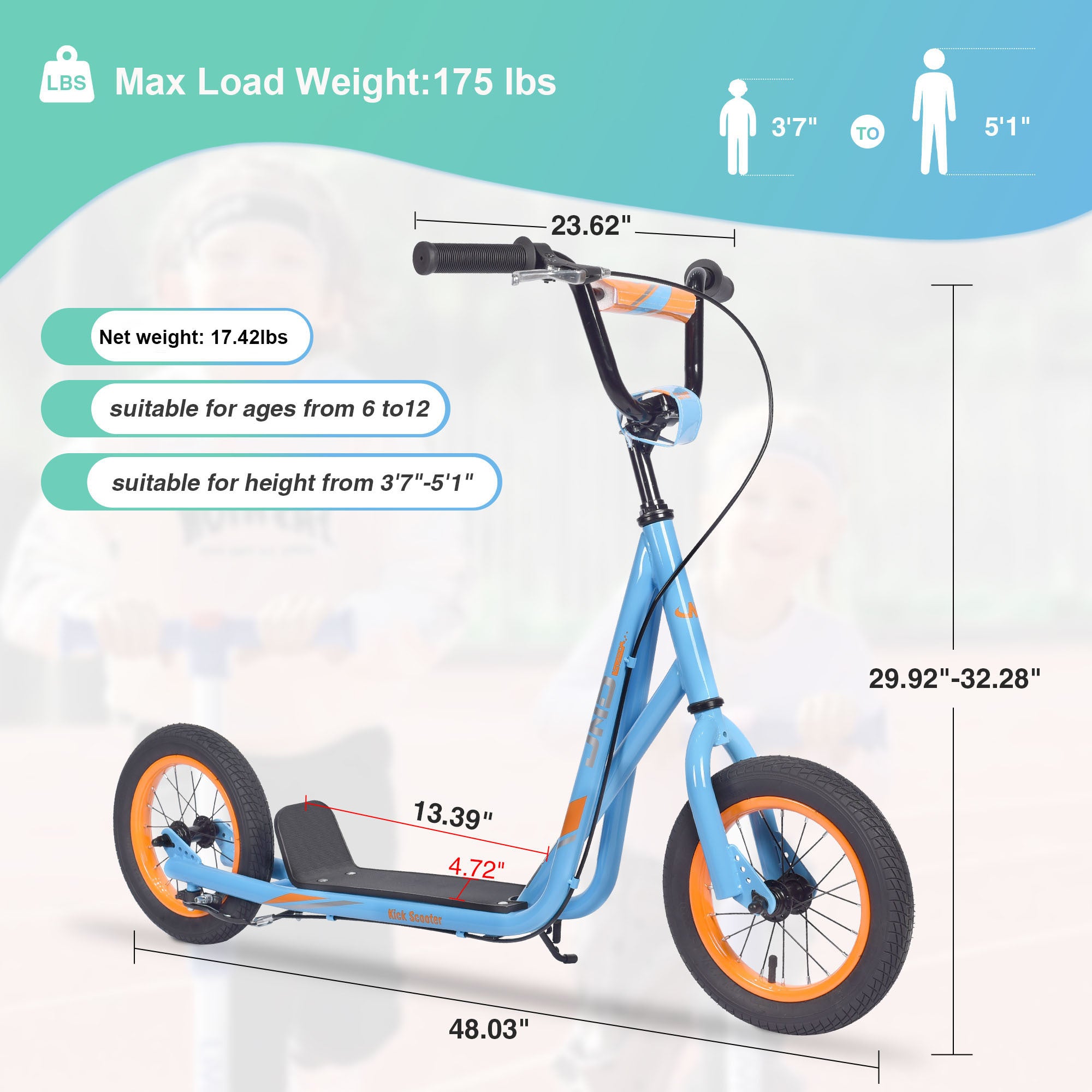 Youth Scooter Kick Scooter for Kids 6+ with Adjustable Handlebar, 12 Inch Inflatable Wheels ,Widened non-slip Footboard