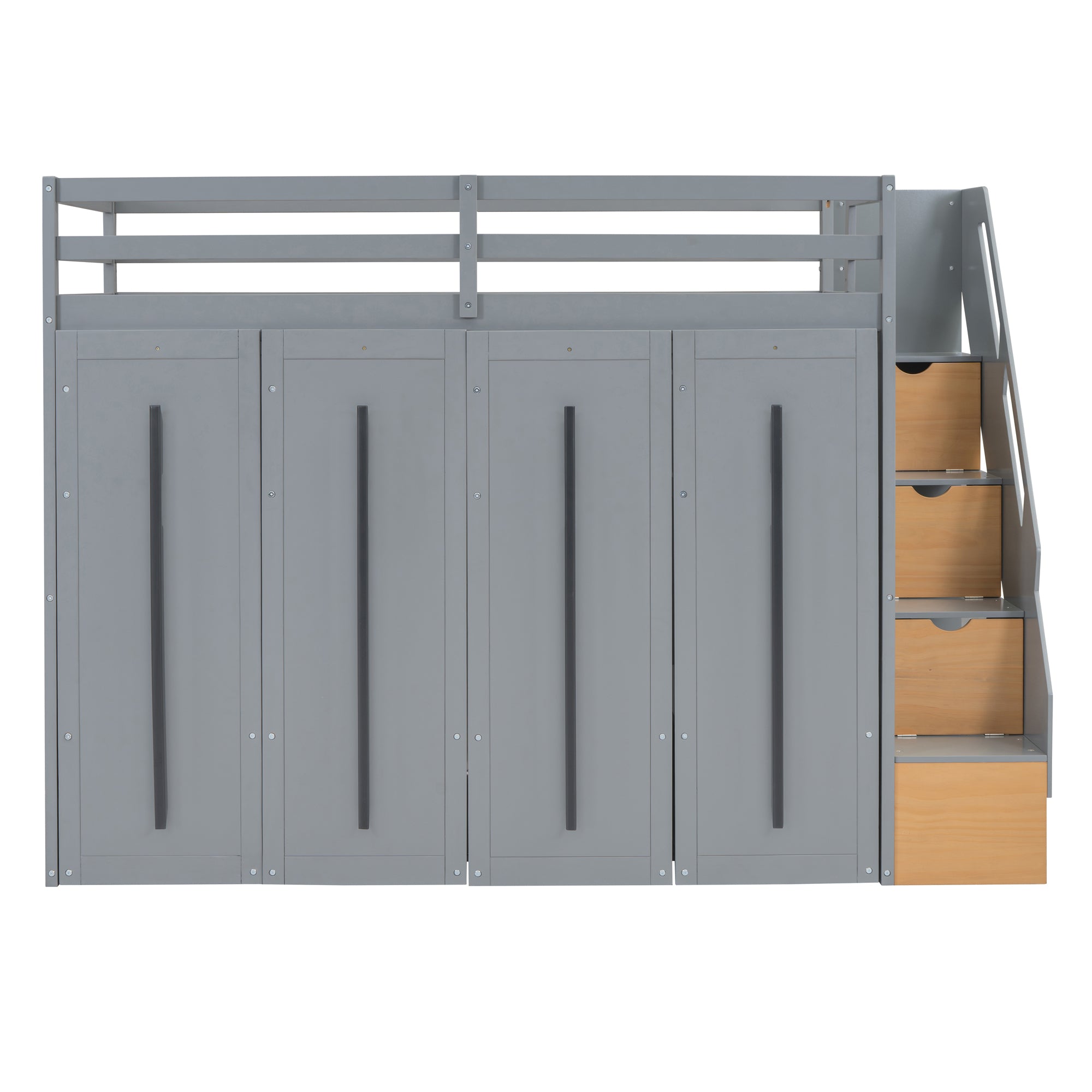 Modern Loft Bed with Two-Tone Storage Stairs and Pull-Out Wardrobes, Gray