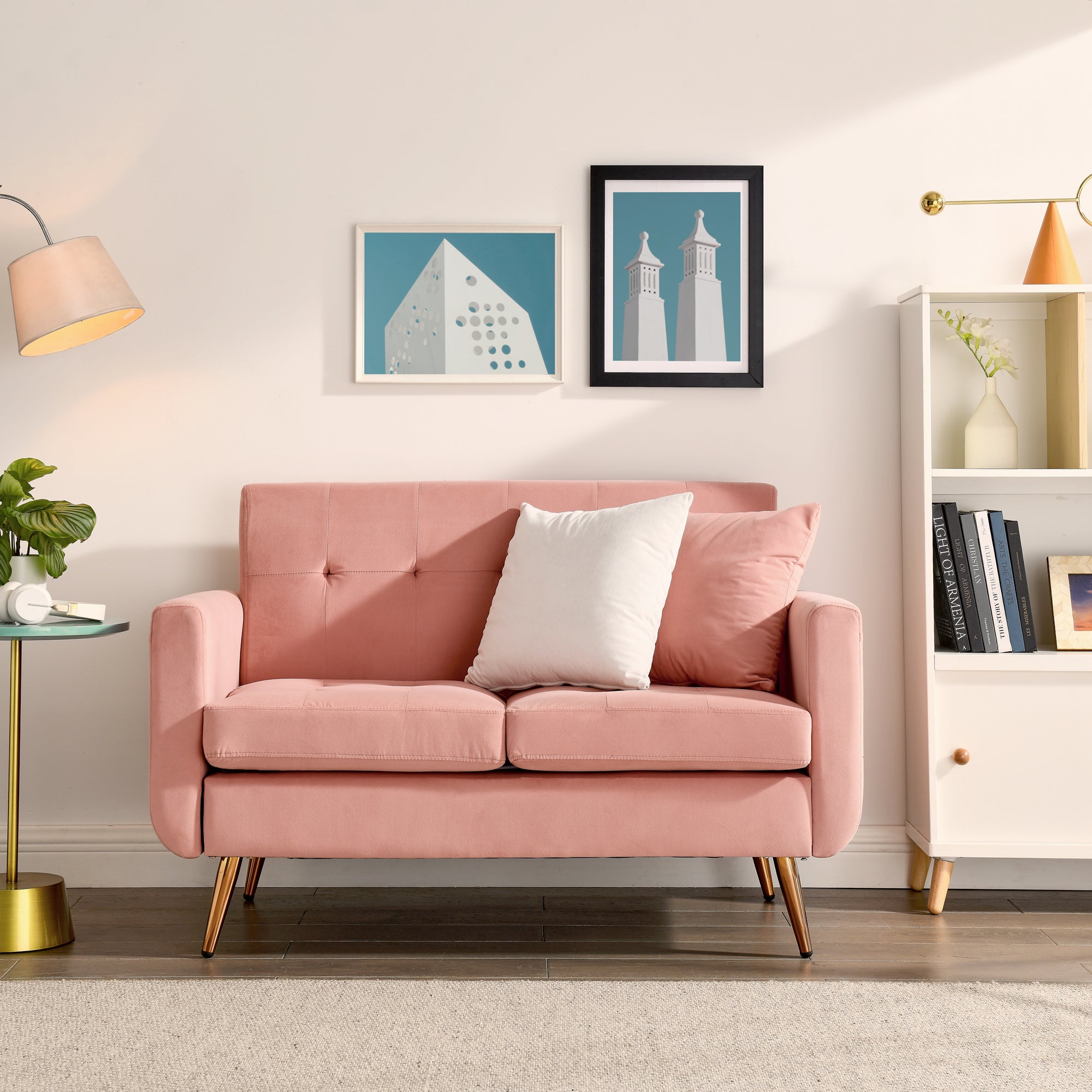 Loveseat Sofa, Mid Century Modern Decor Love Seat Couches for Living Room, Button Tufted Upholstered Small Couch for Bedroom, Solid and Easy to Install Love Seats Furniture,Pink