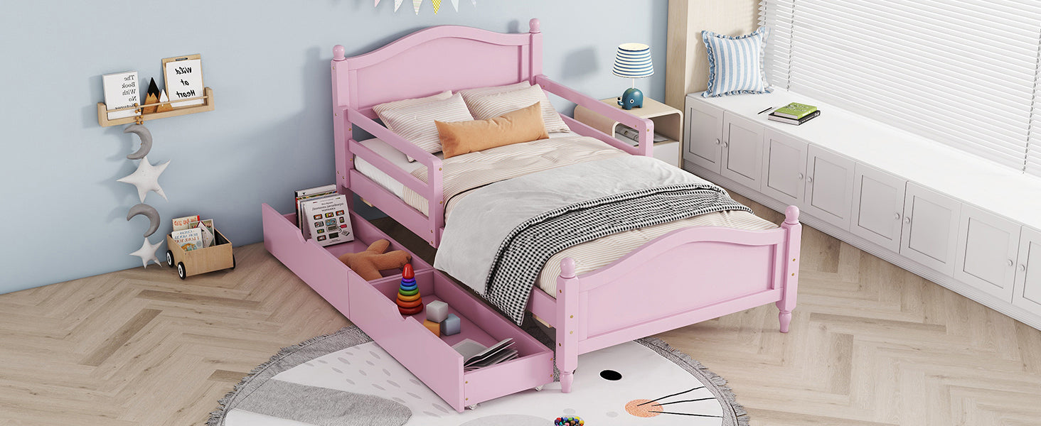 Twin Size Wood Platform Bed with Guardrails on Both Sides and Two Storage Drawers ,Pink