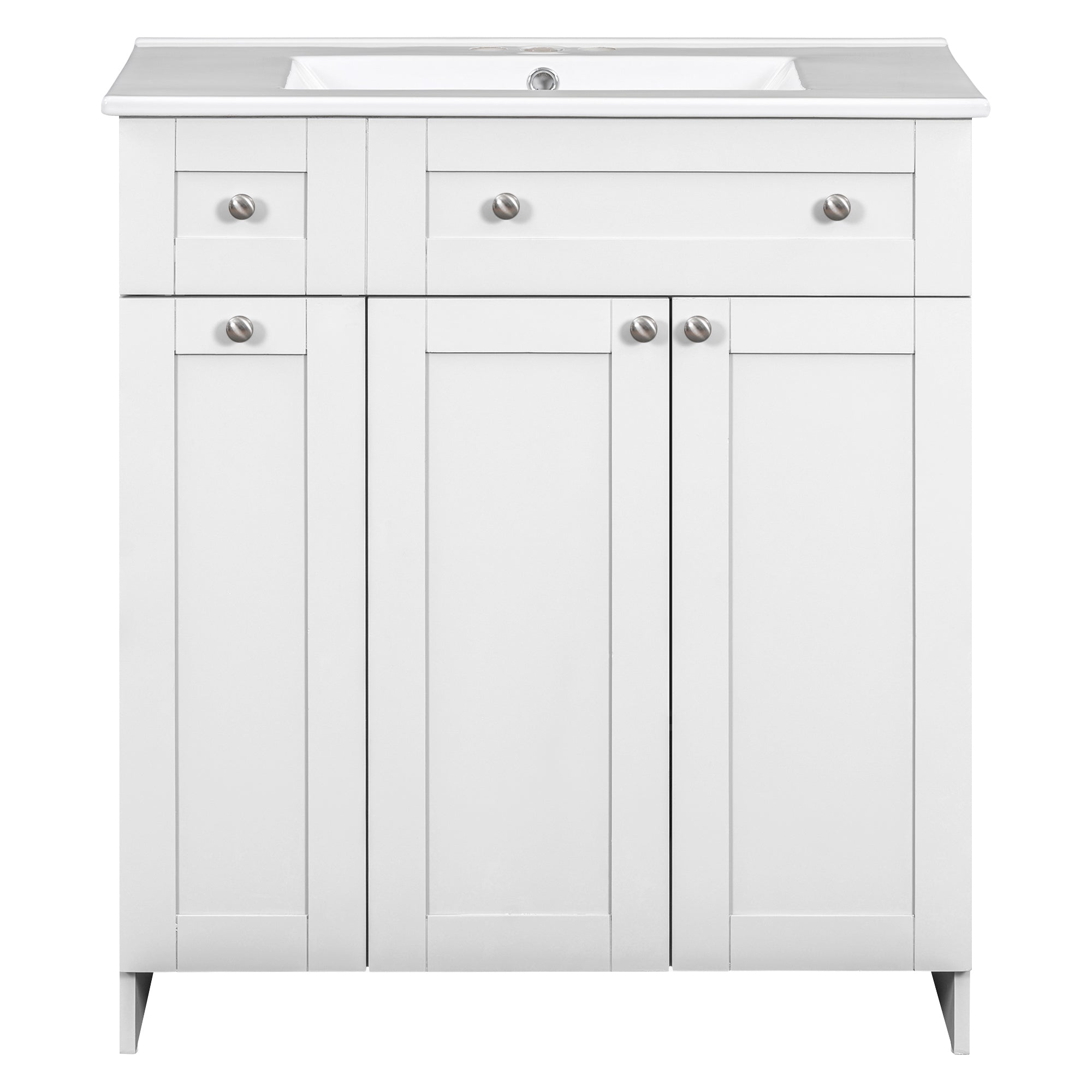 30-Inch White Bathroom Vanity with Ceramic Sink Combo, Abundant Storage Cabinet - 2 Soft close Doors and Double-tier Deep Drawer