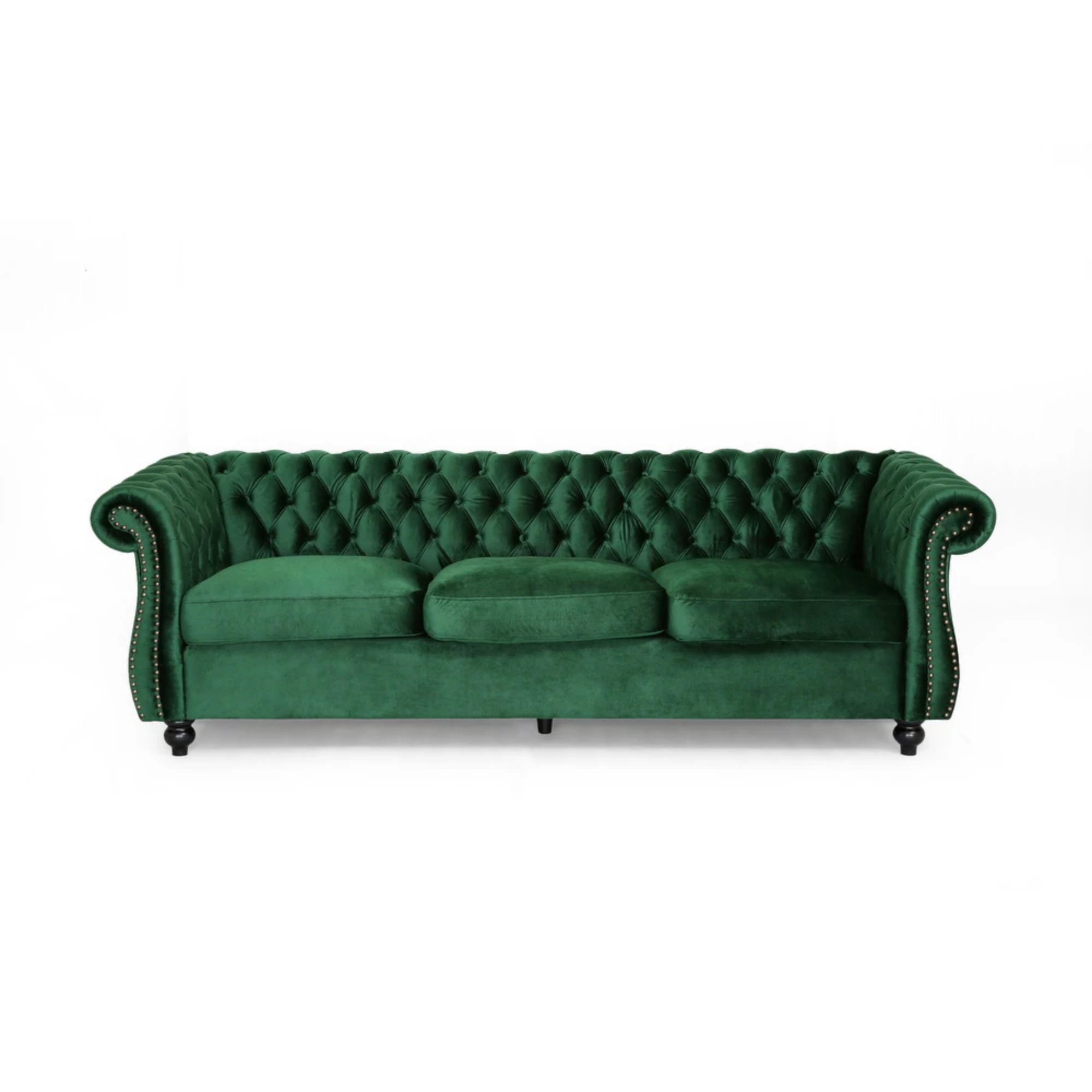 Durable 3-Seater Emerald Velvet Sofa, Combining Luxurious Comfort with Timeless Design, Perfect for Elegant Living Spaces, Featuring Plush Upholstery for Relaxation and a Touch of Sophisticated Style