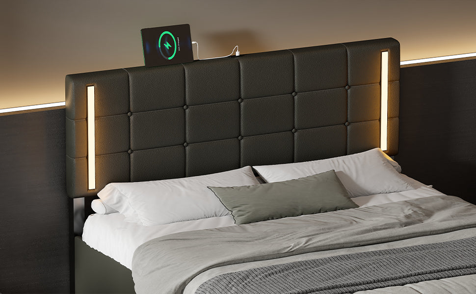 Queen Size Upholstered Bed with LED Lights,Hydraulic Storage System and USB Charging Station,Black