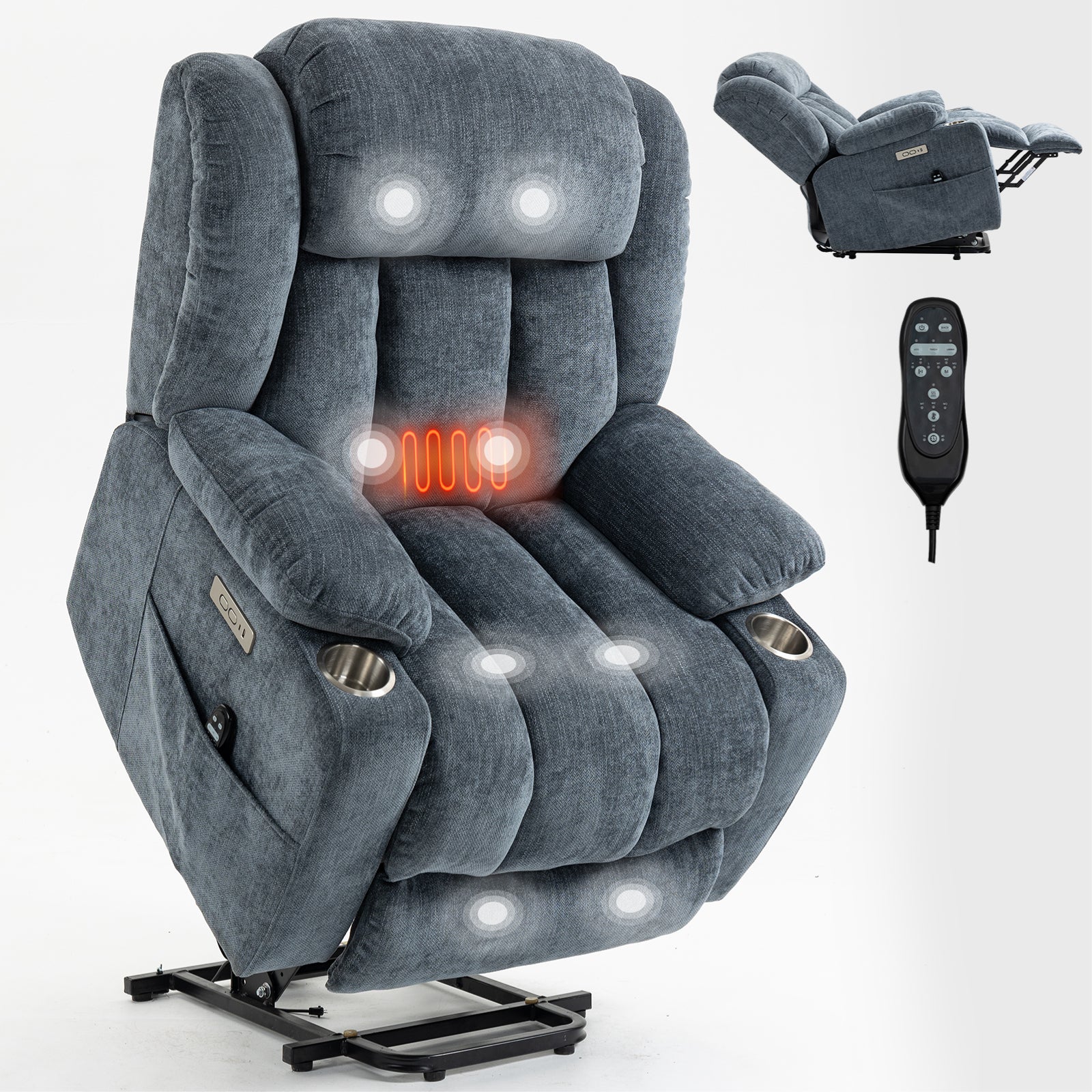 Up to 350 LBS Chenille Power Lift Recliner Chair, Heavy Duty Motion Mechanism with 8-Point Vibration Massage and Lumbar Heating, USB and Type-C Ports, Stainless Steel Cup Holders, Blue