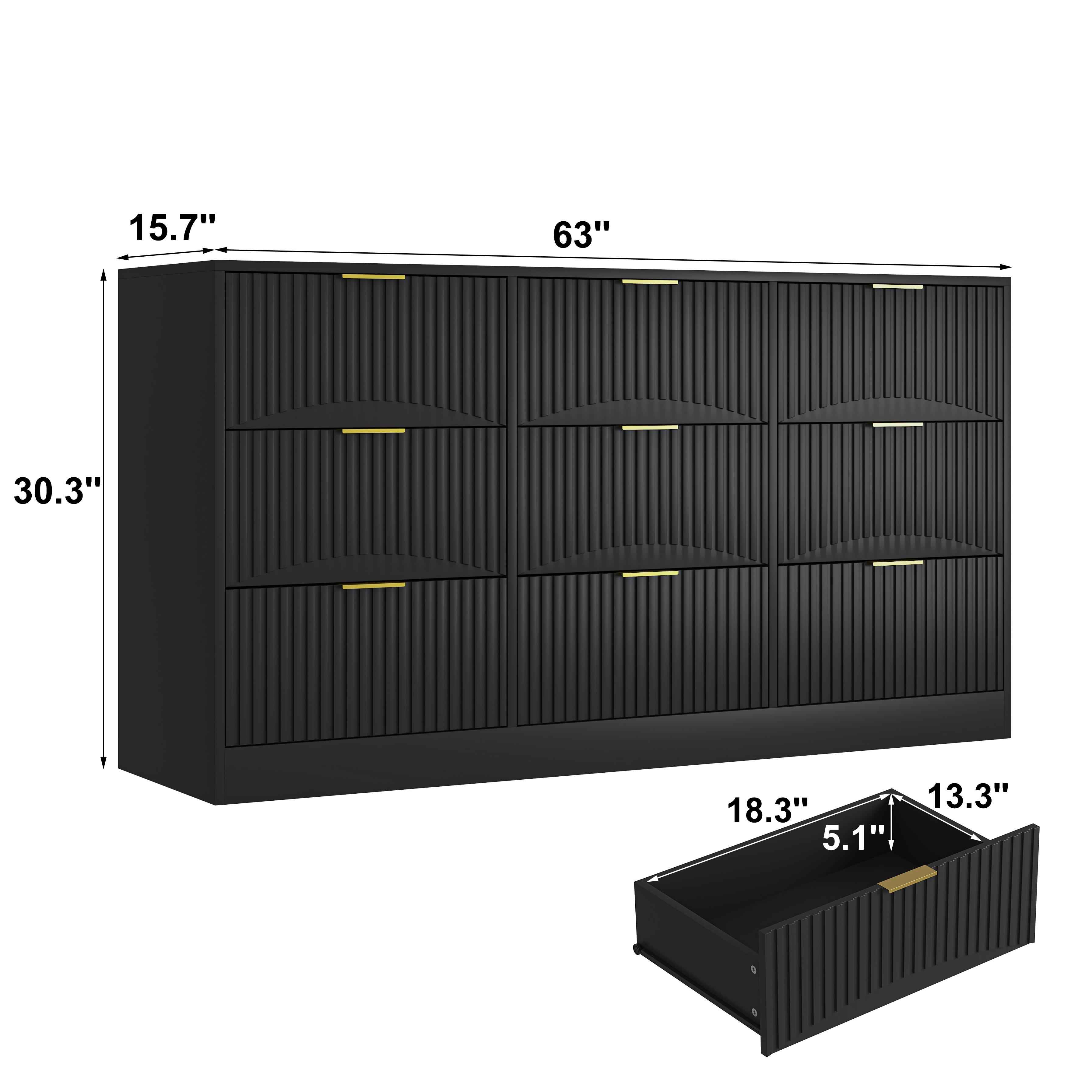 Black 9-drawer wooden dresser 63 inch wavy-pattern drawer panels detail