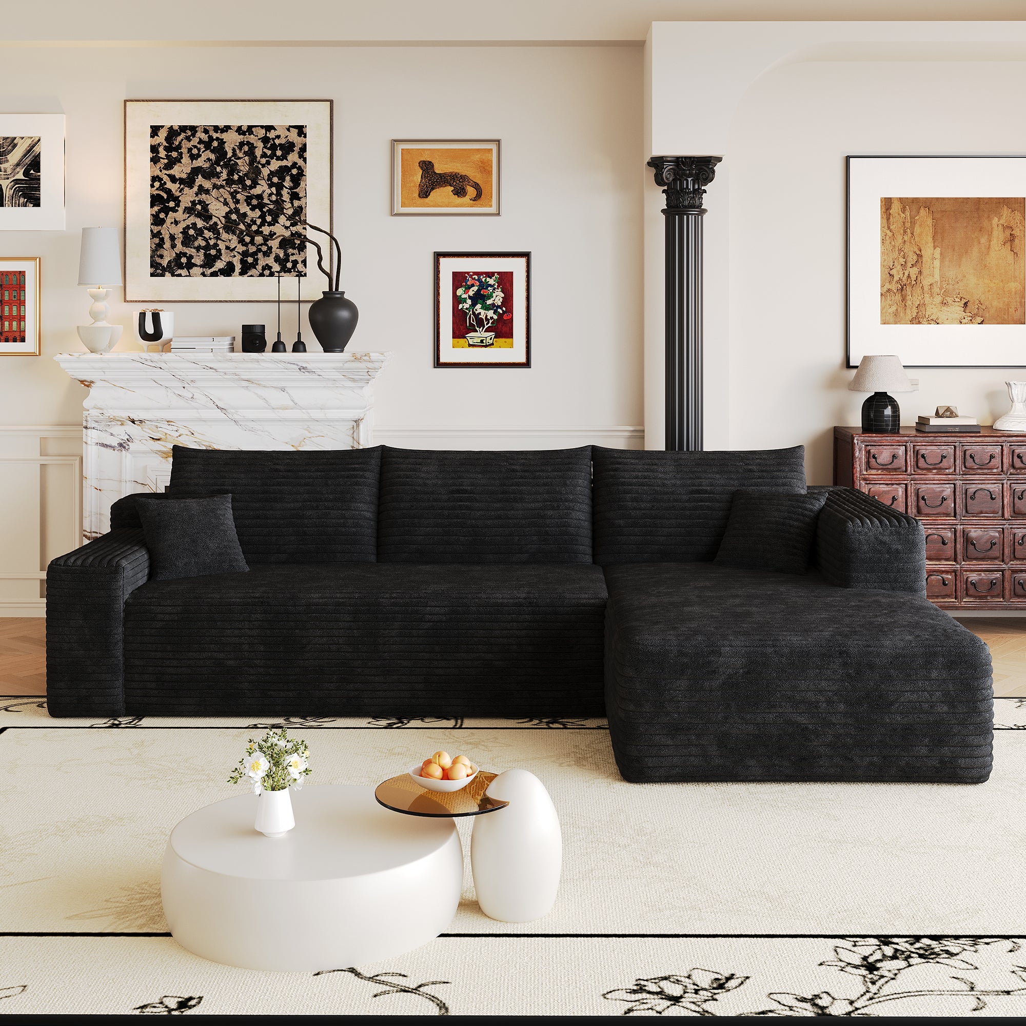 103-inch black L-shaped corner sectional sofa, rear and corner view