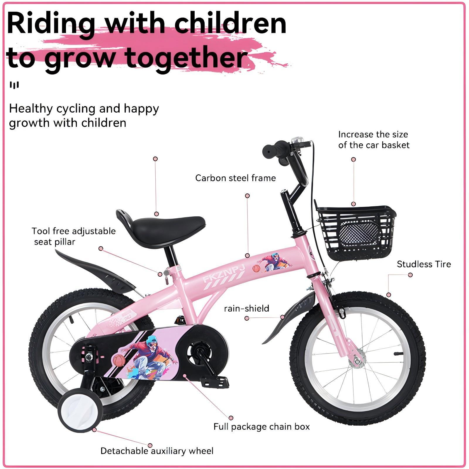 FKZNPJ 16 inch sporty kids bike with training wheels and stand Adjustable saddle Suitable for boys and girls aged 4-8 years tall Height 41-46 inches Available in a variety of colors