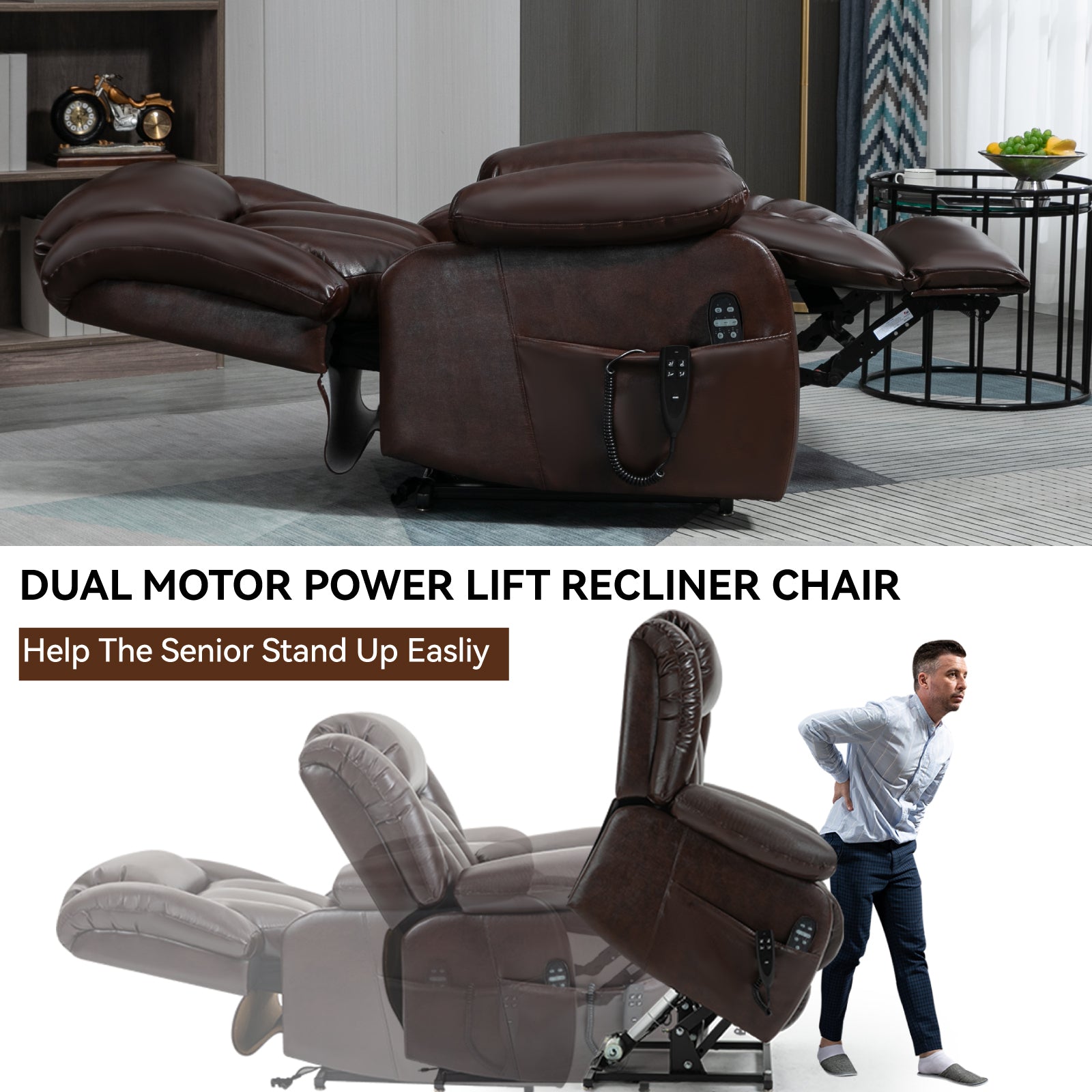 Dual Motor Infinite Position Up to 350 LBS Electric Medium size Genuine Leather Brown Power Lift Recliner Chair with 8-Point Vibration Massage and Lumbar Heating