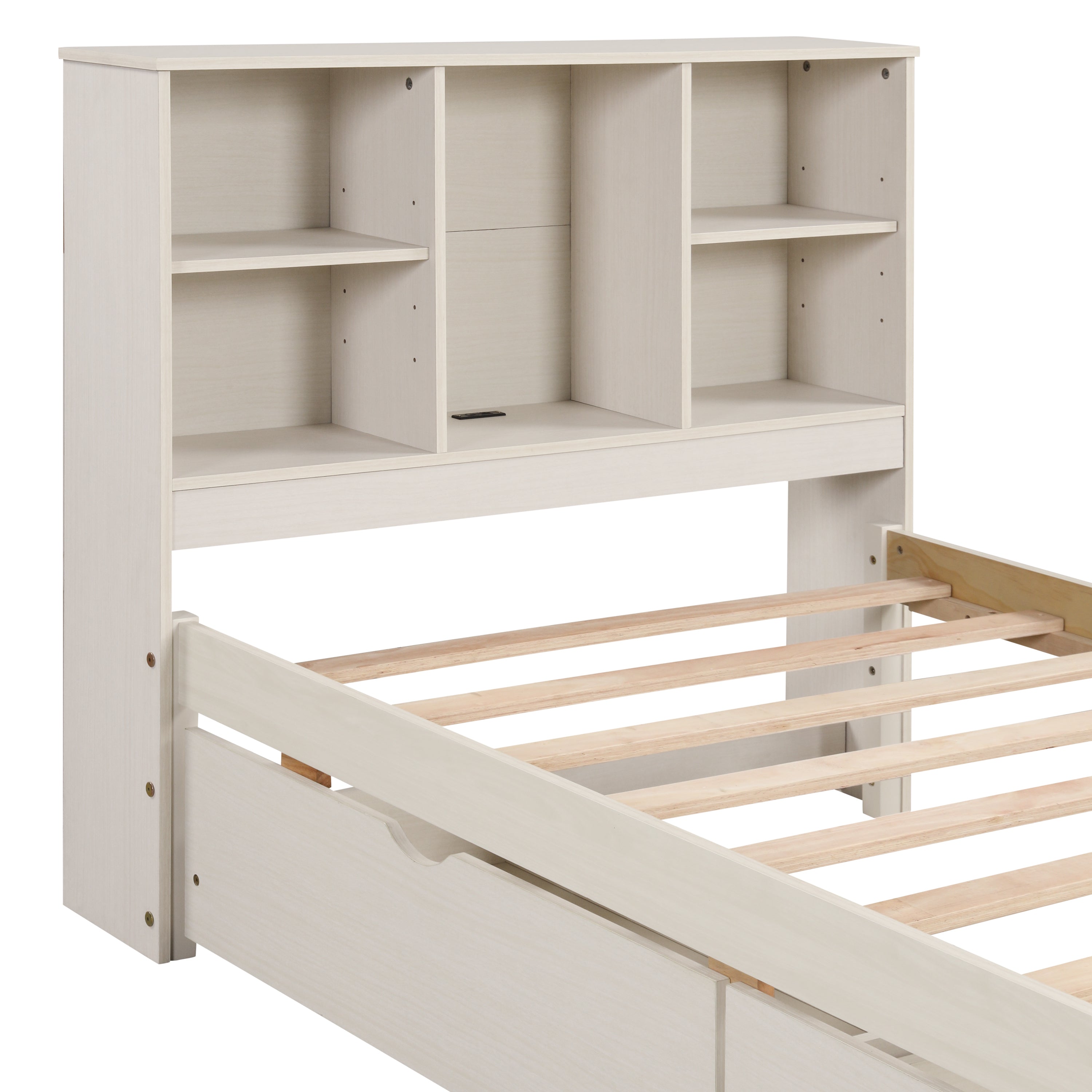 Modern Twin Size Bed Frame With Built-in USB Port on Bookcase Headboard and 2 Drawers for White Washed Color