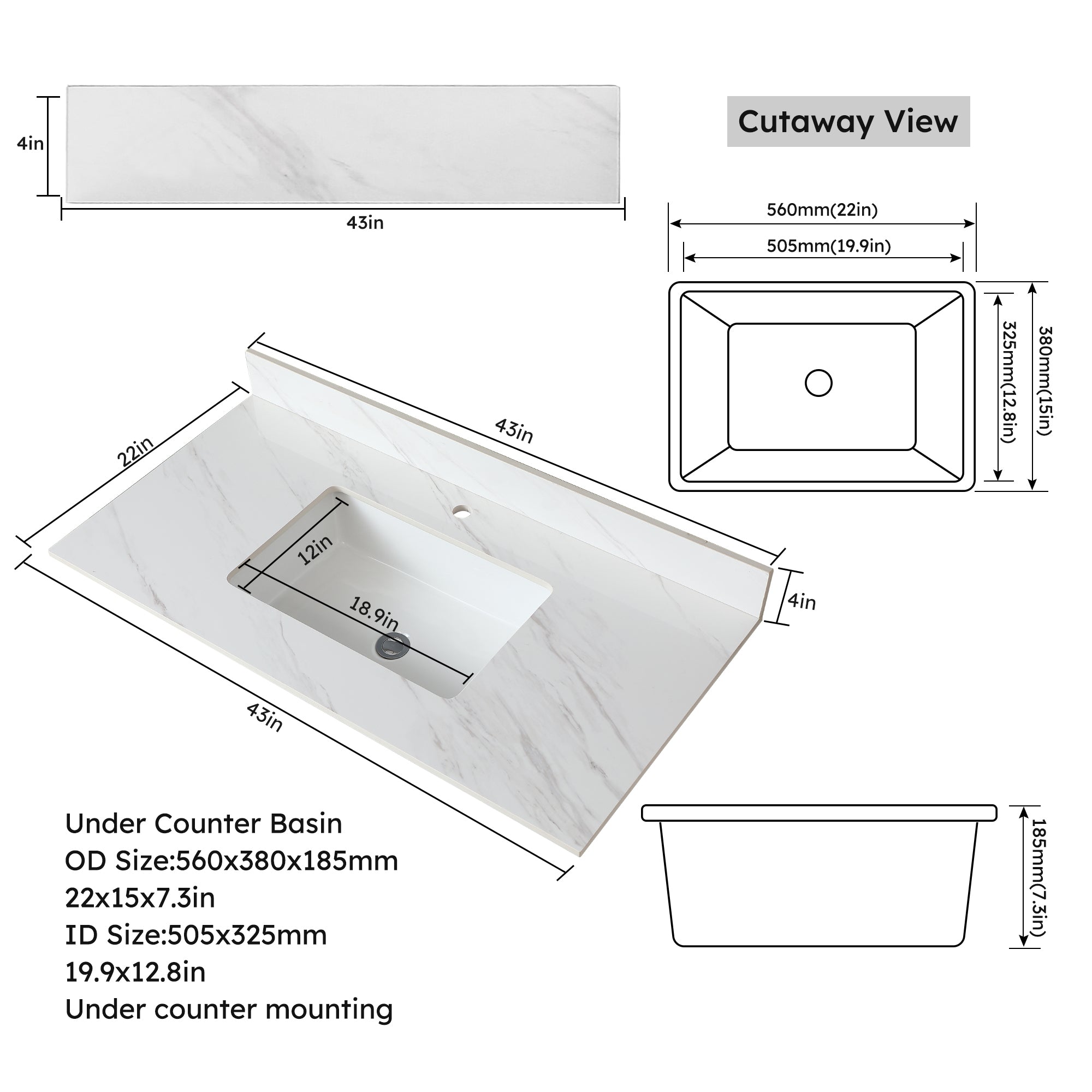 43 Inch Marble Vanity Top, White Vanity Top with Pre-drilled Faucet Holes, Bathroom Vanity Top with Undermount Rectangular Middle Sink and 4" Height Backsplash,  Bianco Carrara Venato