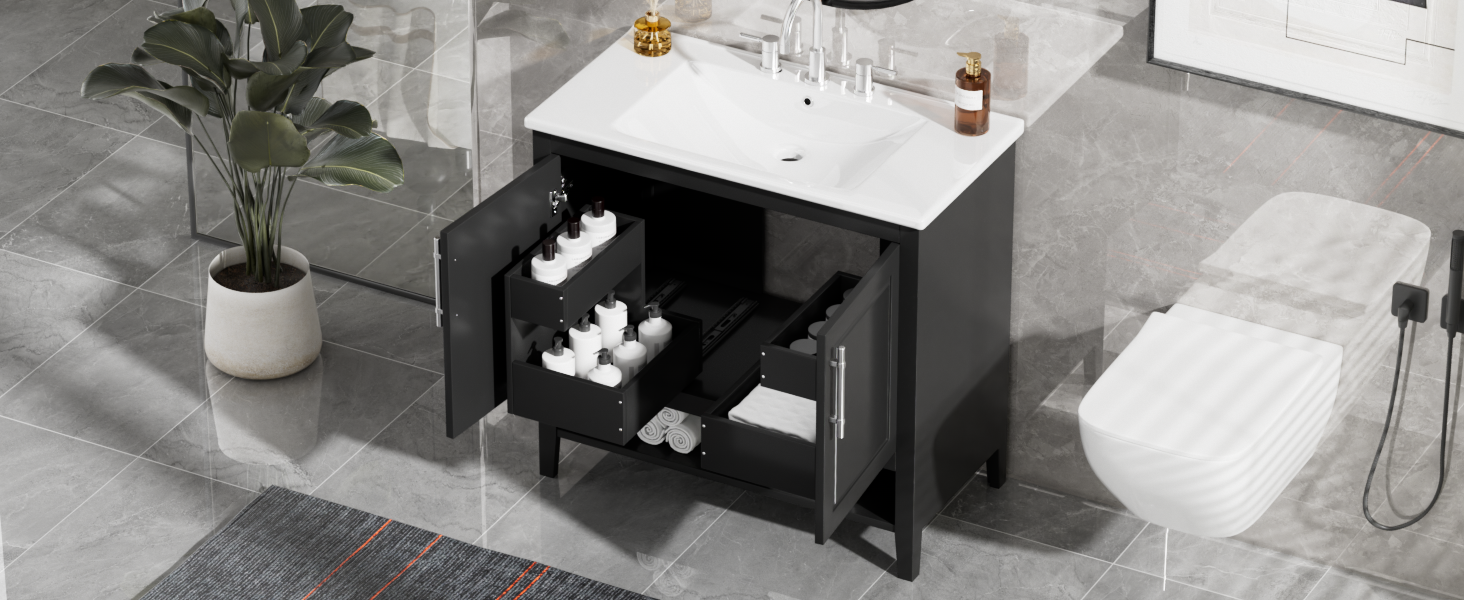 36" Bathroom Vanity with Sink, Multi-functional Bathroom Cabinet with Doors and Drawers, MDF Frame and MDF Board, Black