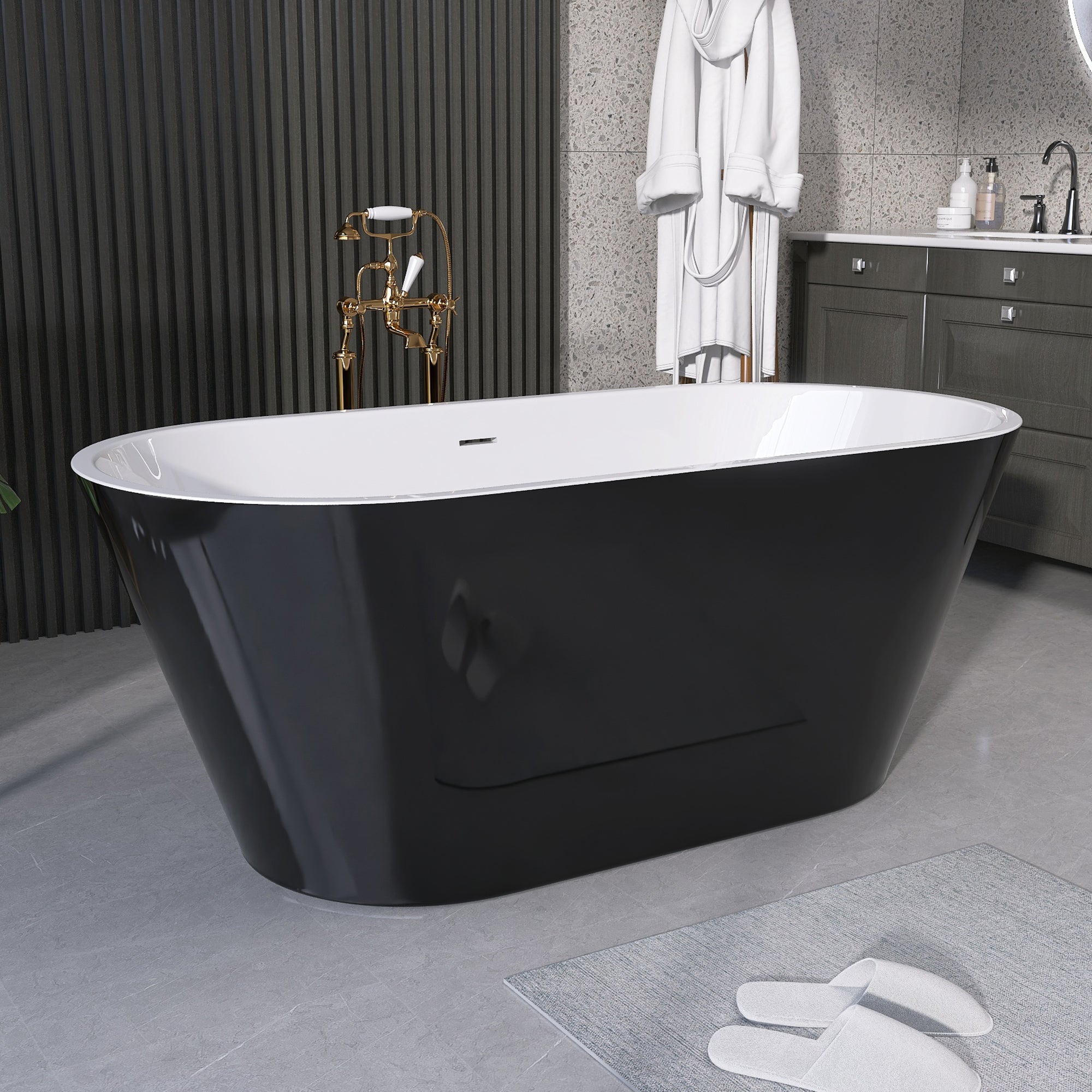 55" Acrylic Freestanding Bathtub Contemporary Soaking White Tub with Overflow and Pop-up Drain Gloss Black