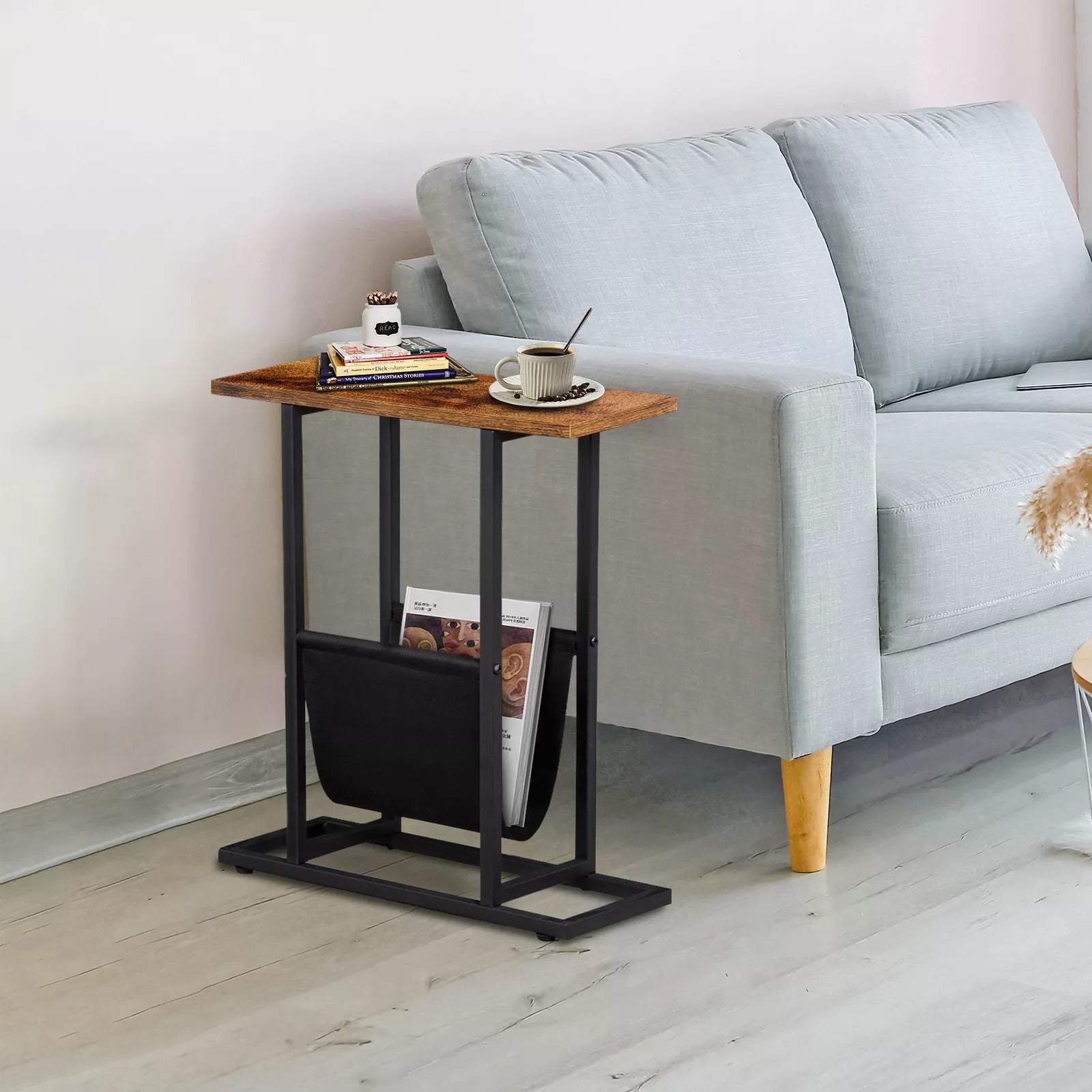 Narrow Side Table for Small Spaces – End Table with Storage & Magazine Holders!