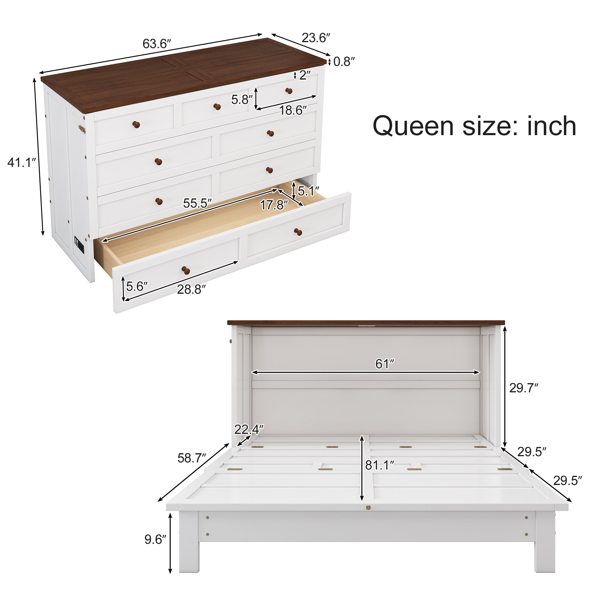 Solid Pine Murphy Bed Chest with Charging Station and Large Storage Drawer for Home Office or Small Room , Queen, White+Walnut