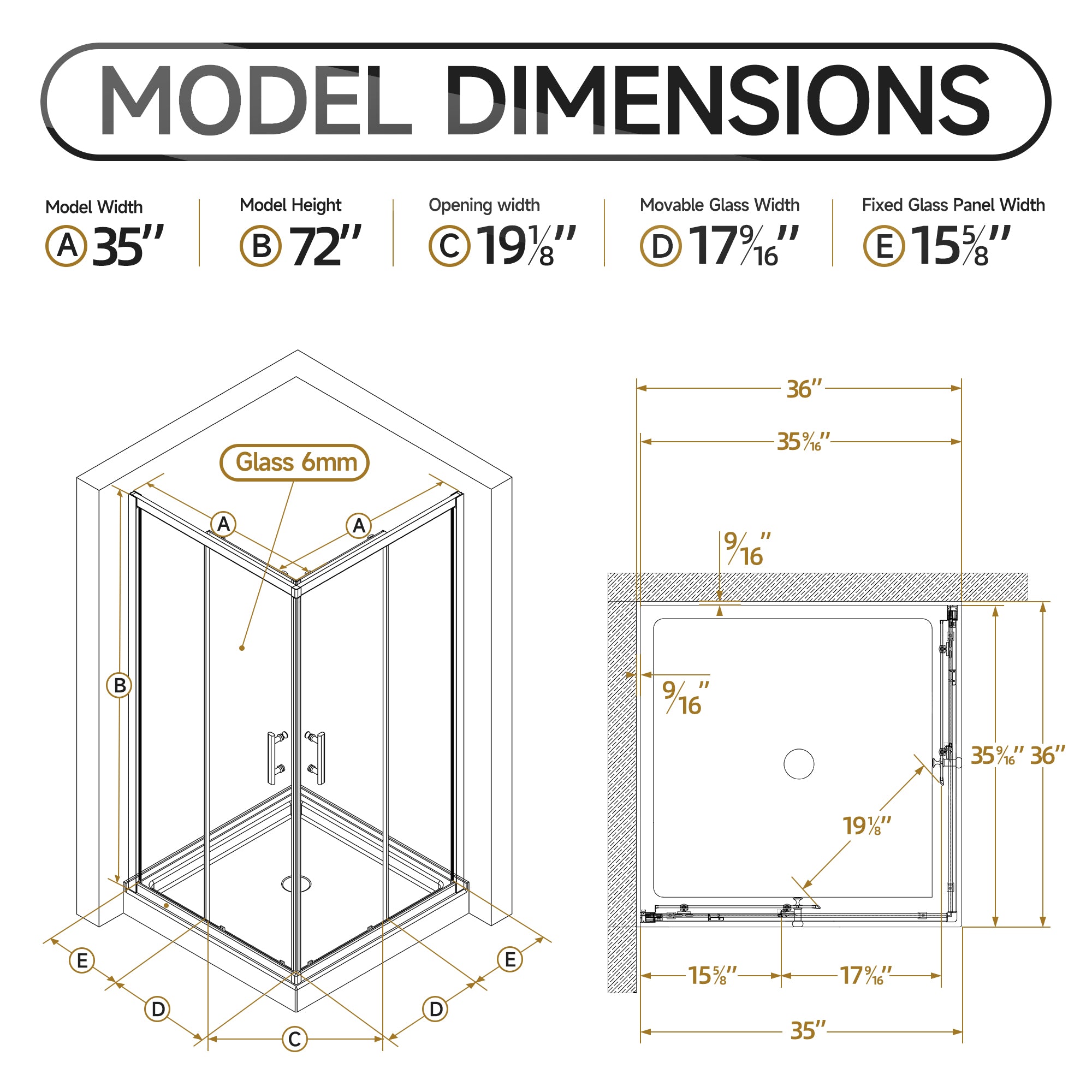 36 x 36 x 72 in Corner Shower Enclosure - 36 x 36 x 72 in / Chrome view 3