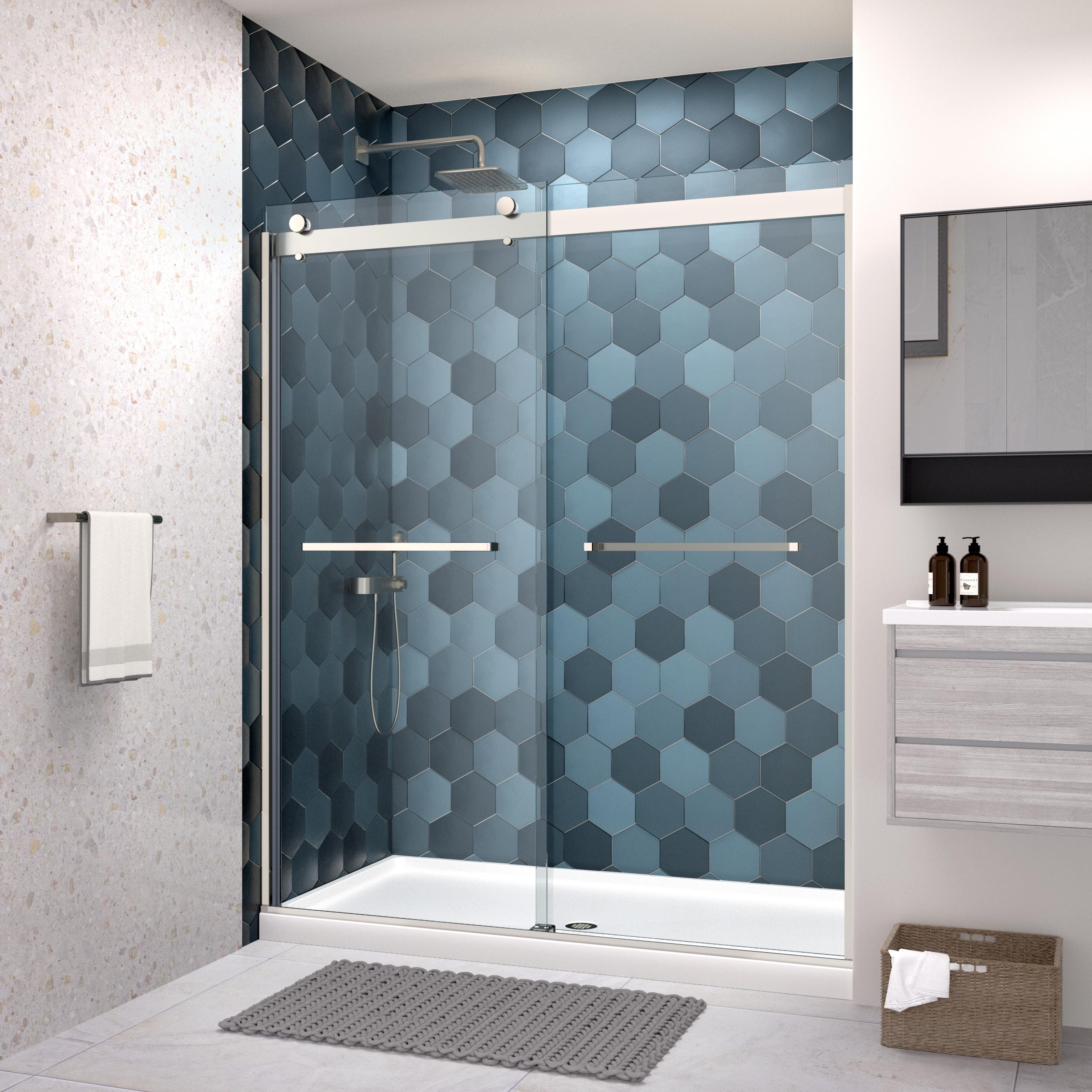 (56-60"W x 74"H) Bypass shower door, sliding door, with 5/16" tempered glass and Brushed Nickel  finish 6074