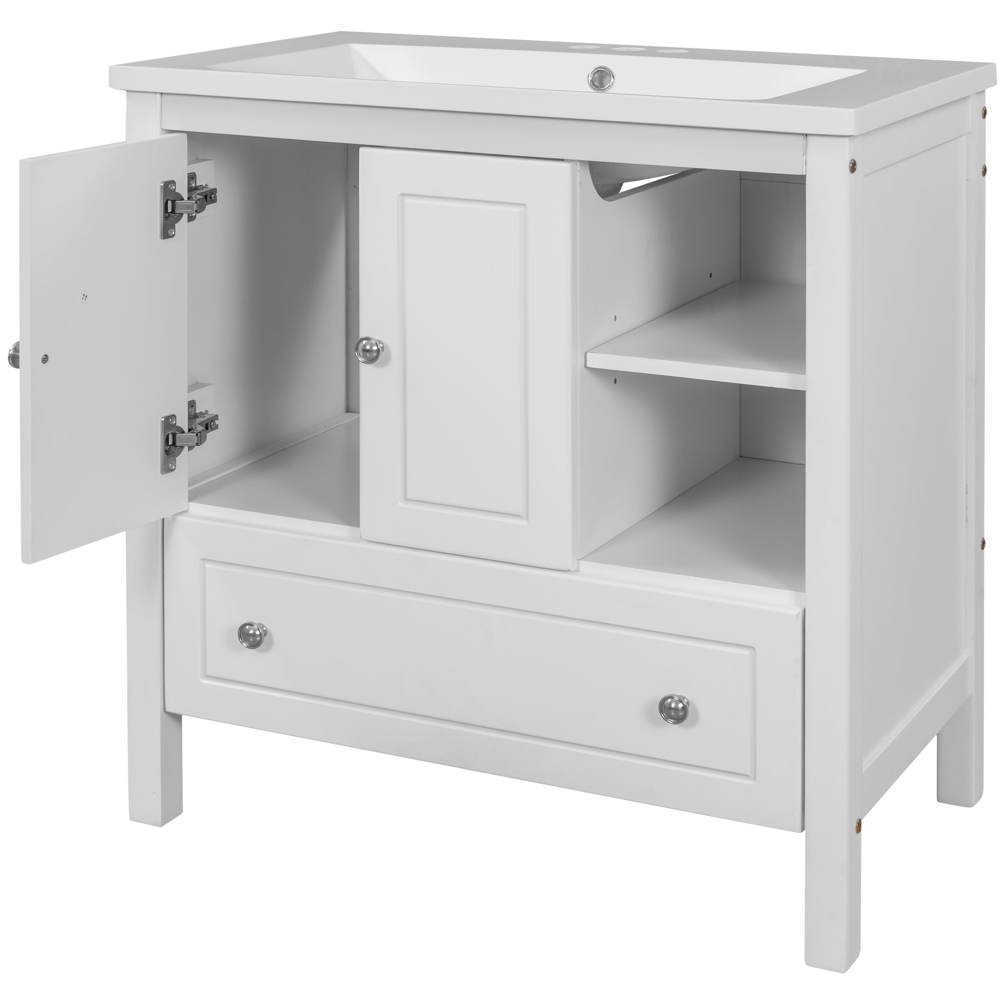 [VIDEO] 30" Bathroom Vanity with Sink, Bathroom Storage Cabinet with Doors and Drawers, Solid Wood Frame, Ceramic Sink, White