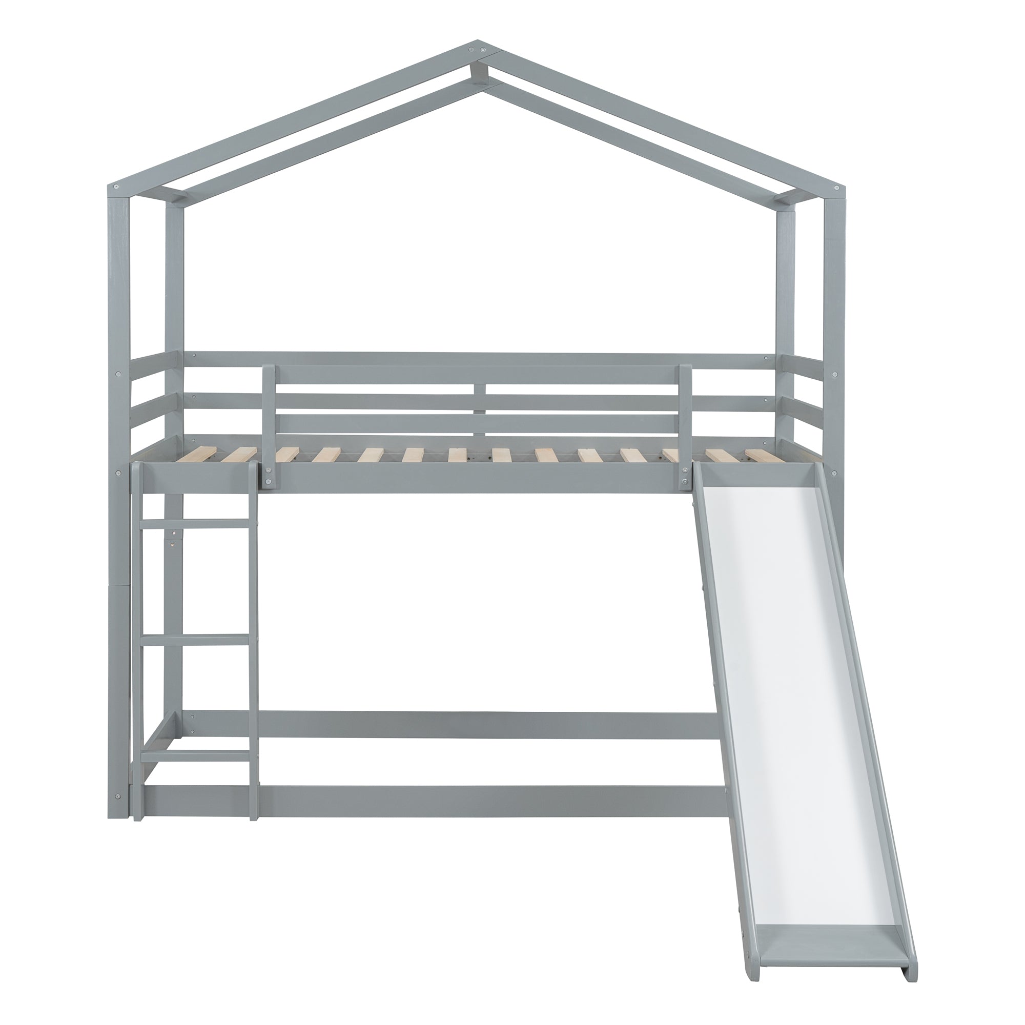 Twin Over Twin Bunk Bed with Roof, Slide and Ladder, Gray