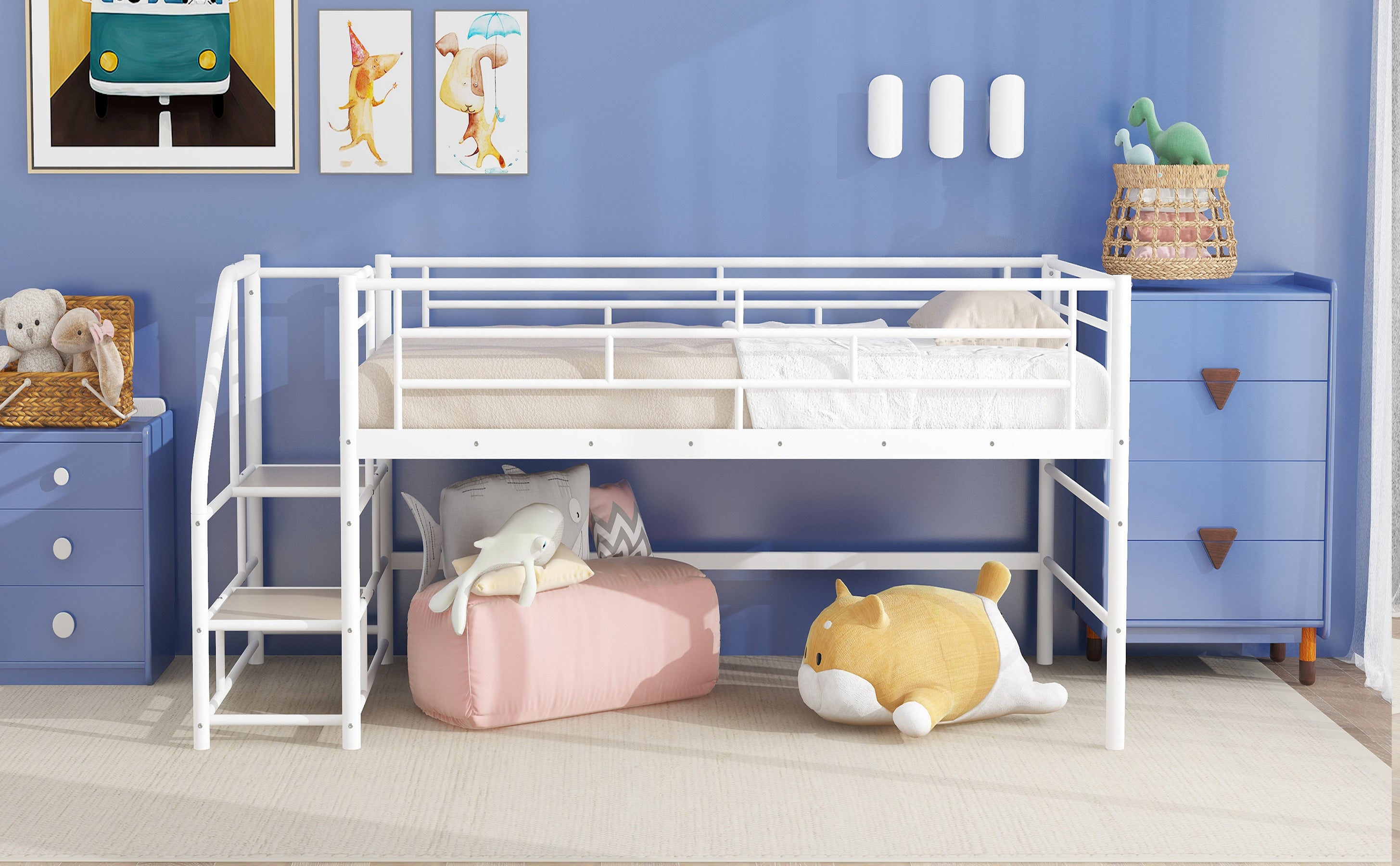 Mid Loft Bed with Storage stairs, Twin, White