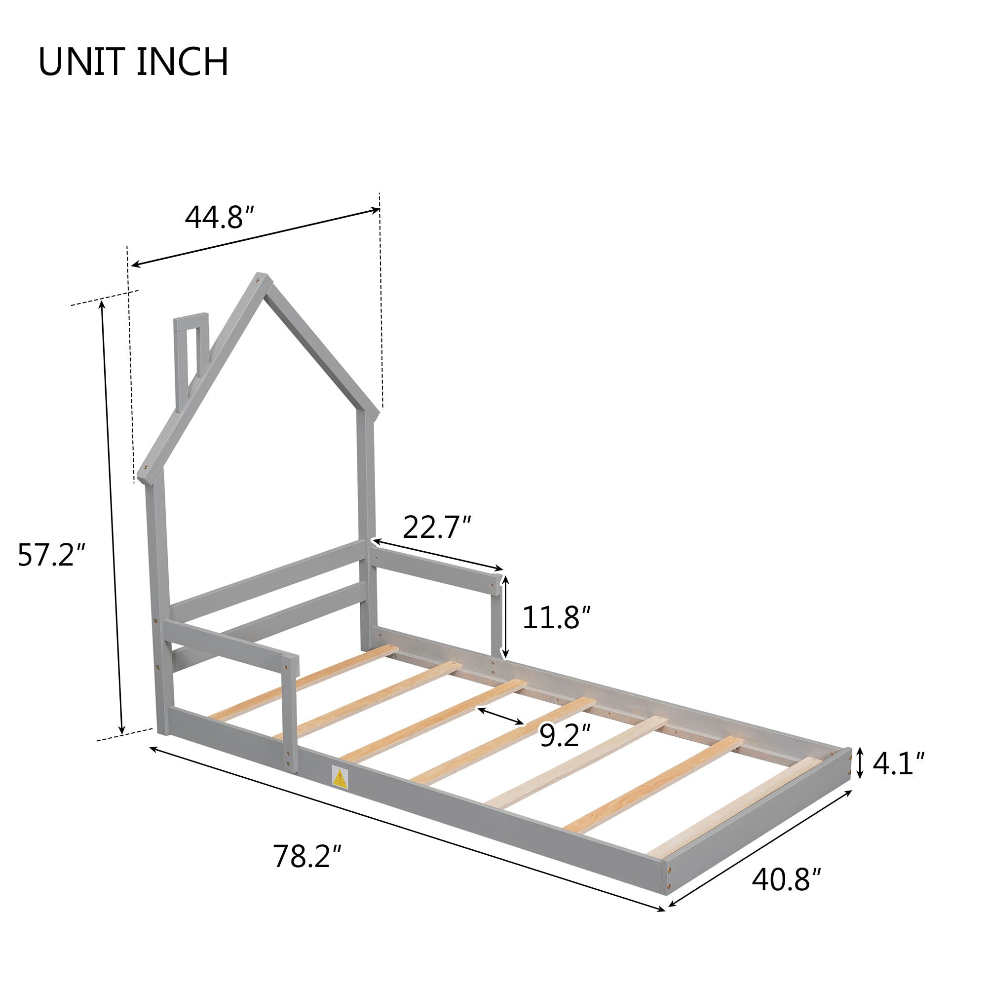 Twin House-Shaped Headboard Floor Bed with Handrails ,slats,Grey