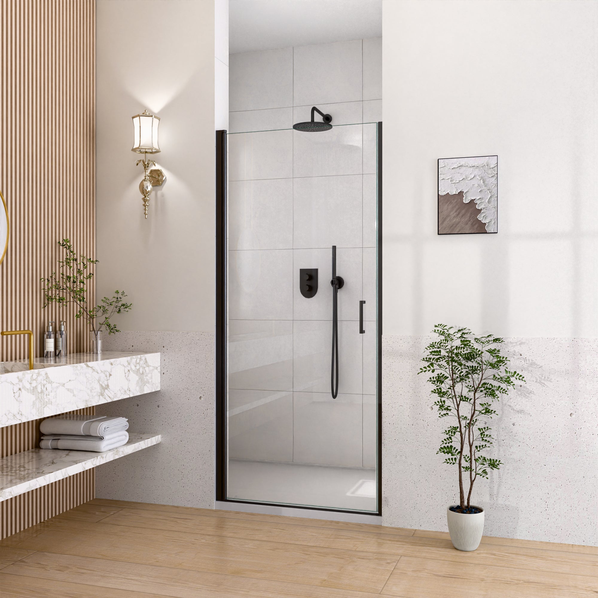 Semi-frameless matte black pivot shower door hardware close-up
