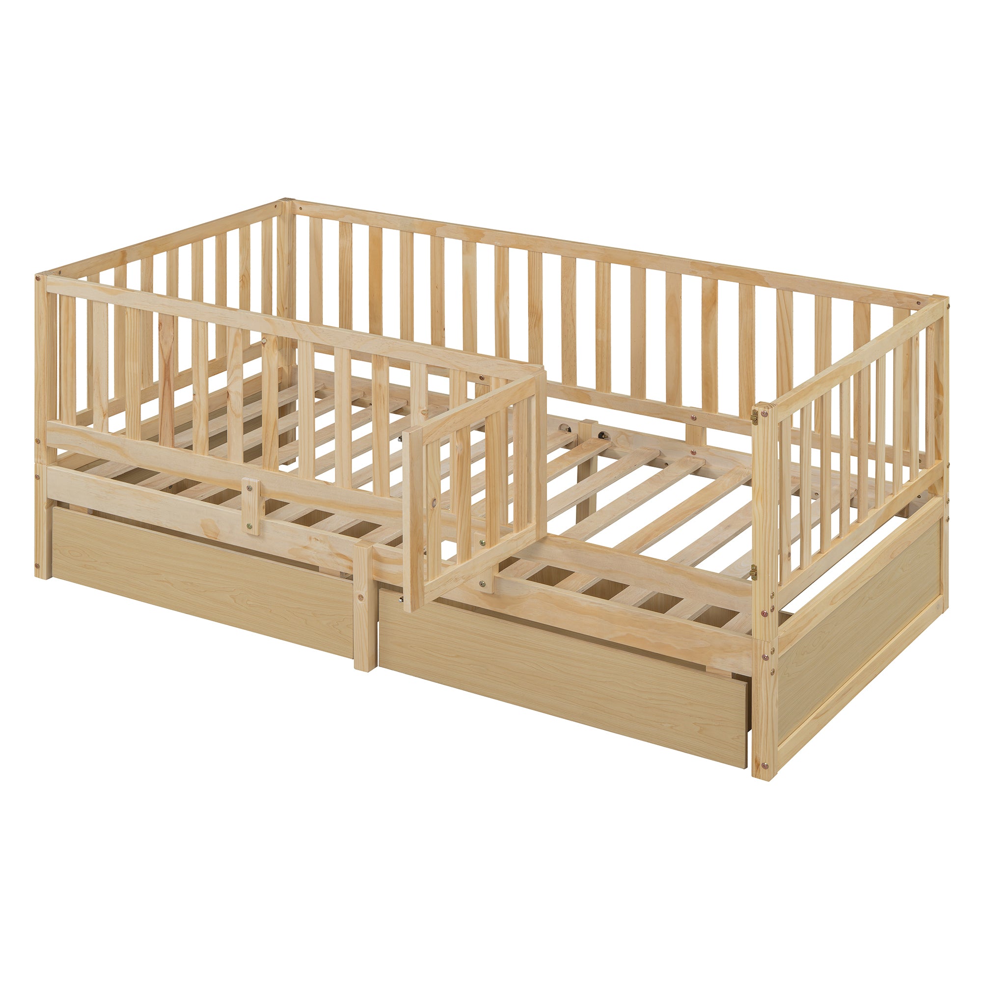 Twin Size Wood Daybed with Fence Guardrails and 2 Drawers, Split into Independent Floor Bed & Daybed, Natural(OLD SKU :LP000881AAN)