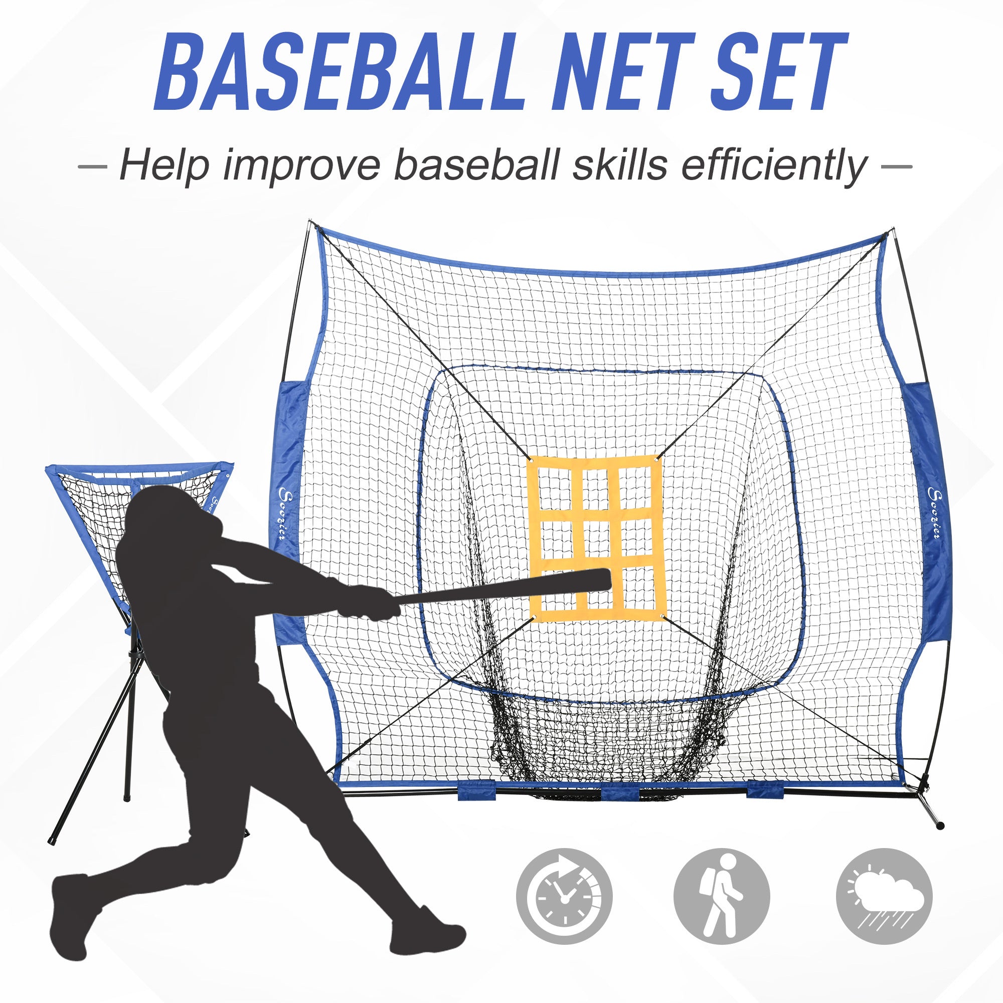 Soozier Baseball Practice Net Set with 7.5x7ft Catcher Net, Ball Caddy and Batting Tee, Portable Baseball Practice Equipment with Carry Bag for Hitting, Pitching, Batting, Catching, Blue