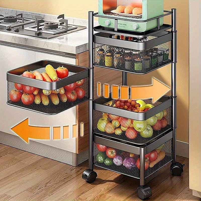 Rotating Kitchen Storage Shelf 5 Tier, Metal Fruit Vegetable Storage Basket Multi-Layer Vegetable Rack Storage Trolley on Wheels, Floor-Standing Basket for Kitchen Bathroom, Square