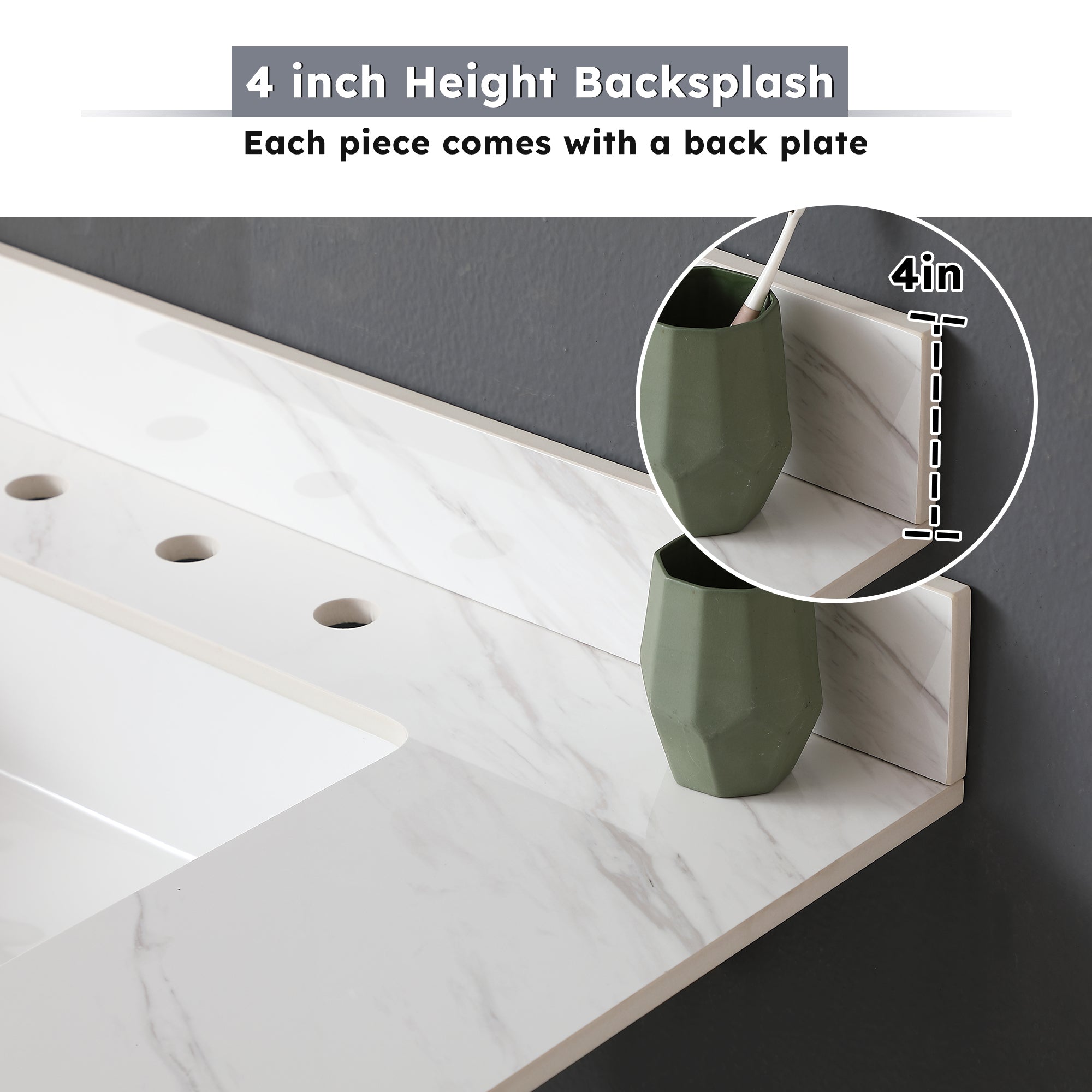 37 Inch Marble Vanity Top, White Vanity Top with Pre-drilled Faucet Holes, Bathroom Vanity Top with Undermount Rectangular Middle Sink and 4" Height Backsplash,  Bianco Carrara Venato