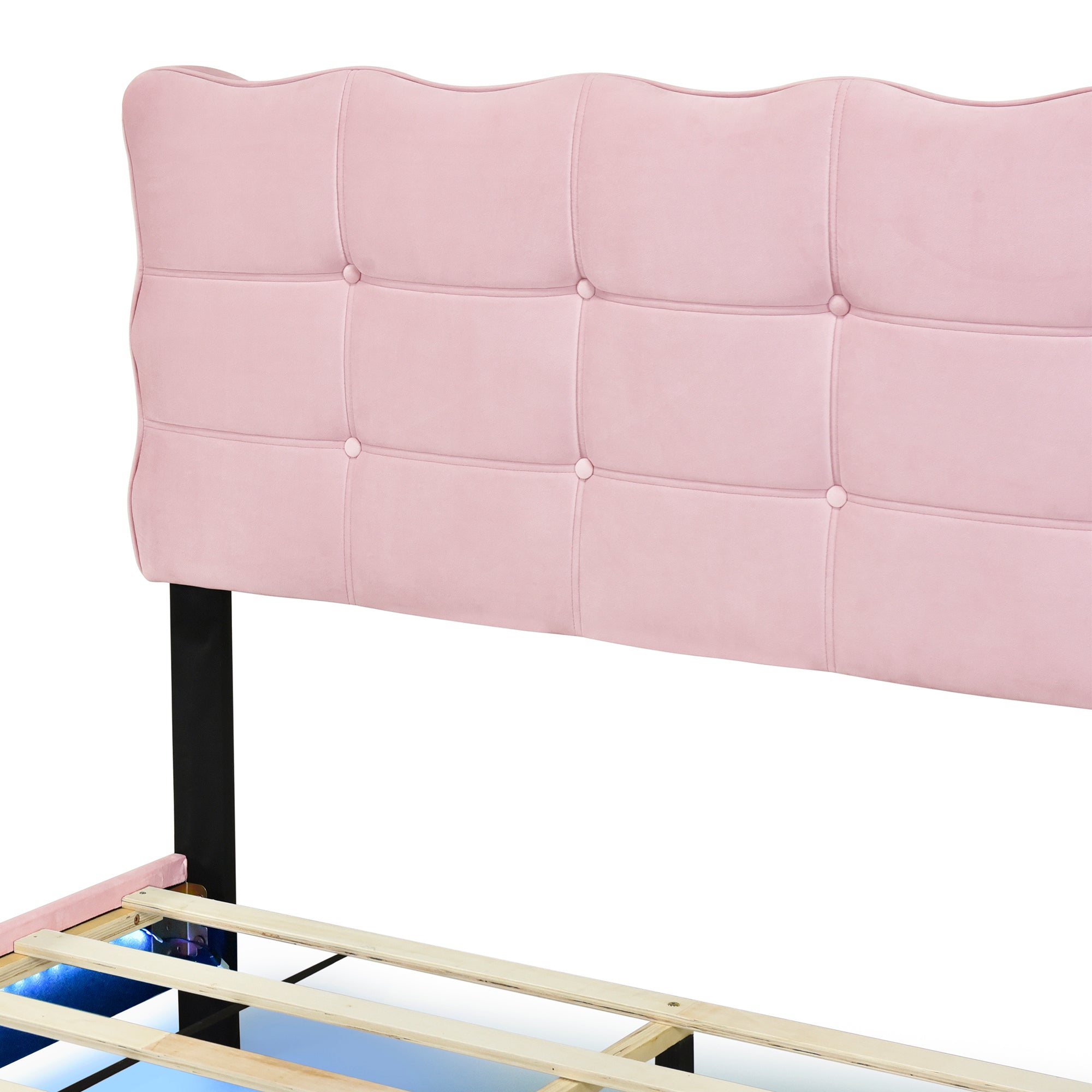 Full Size Velvet Platform Bed with LED Frame and Stylish Mental Bed Legs, Pink