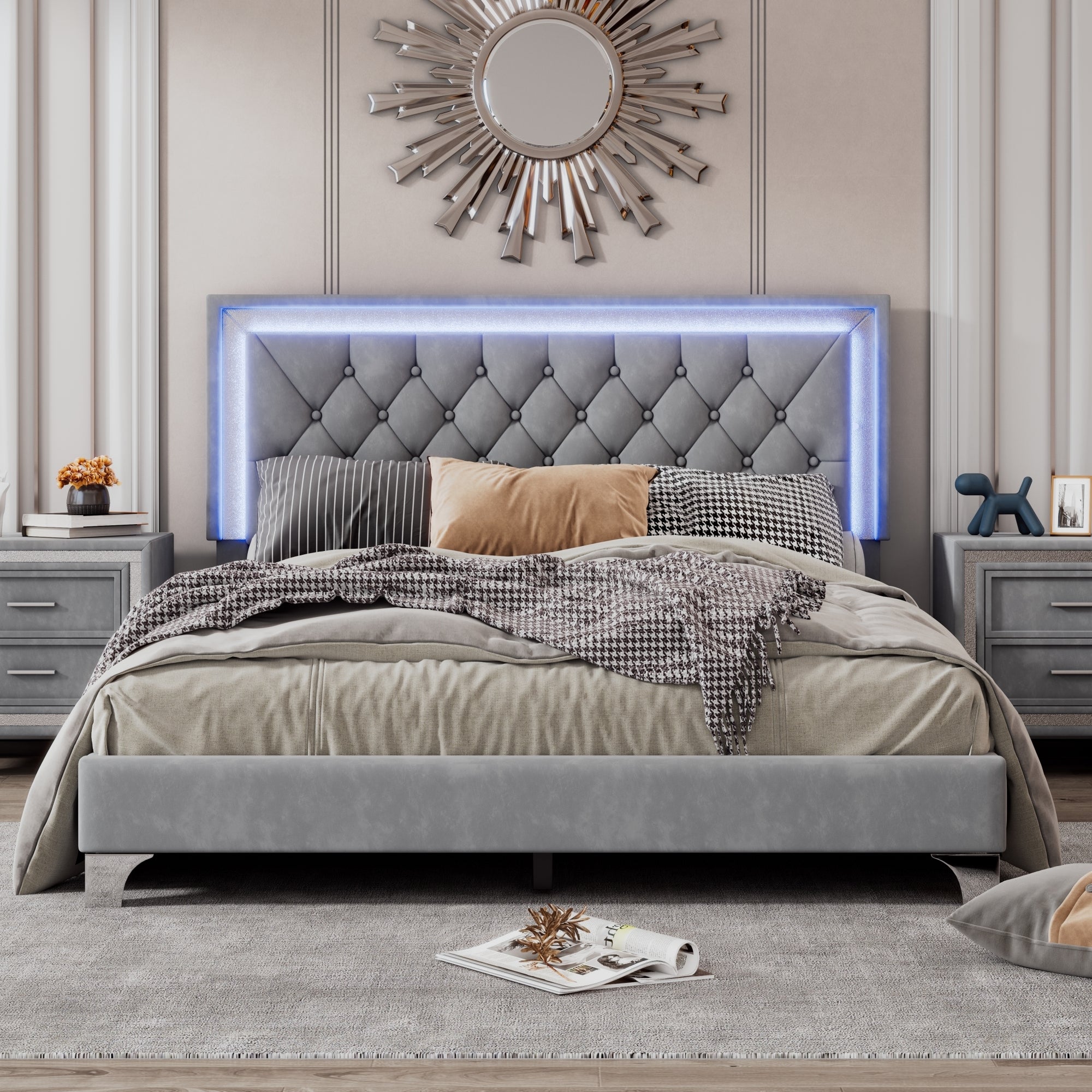 Queen Size Upholstered Bed Frame with LED Lights,Modern Velvet Platform Bed with Tufted Headboard,Gray