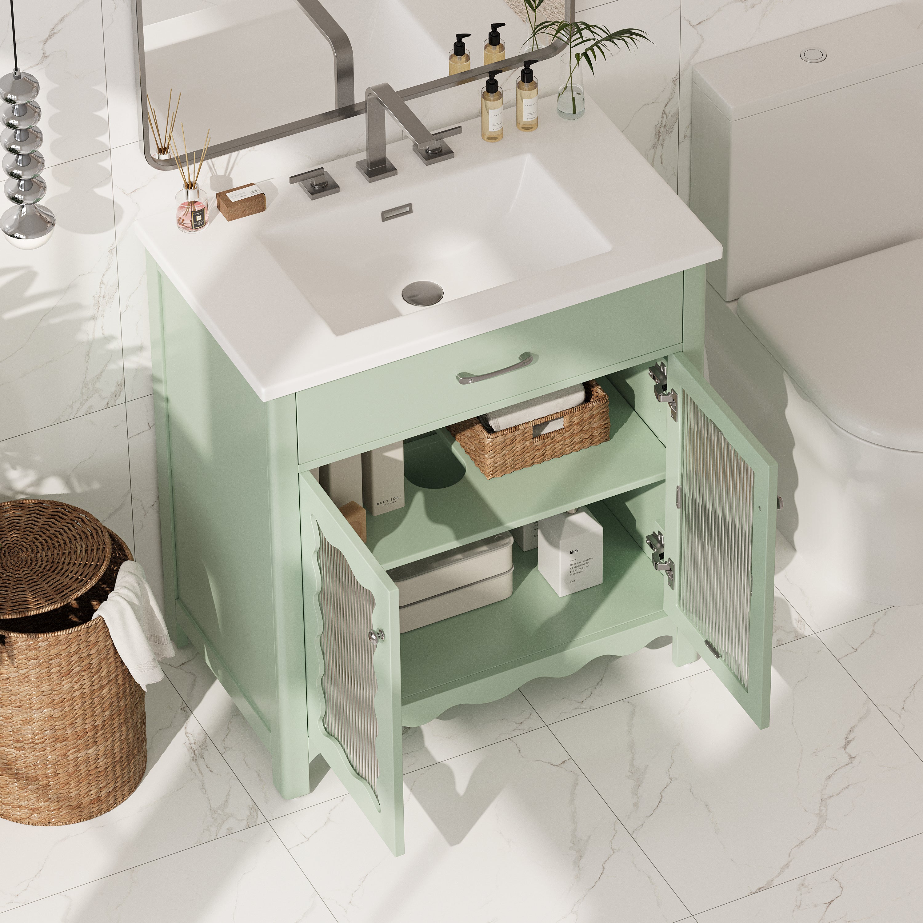 Green bathroom vanity soft-close doors, closed view