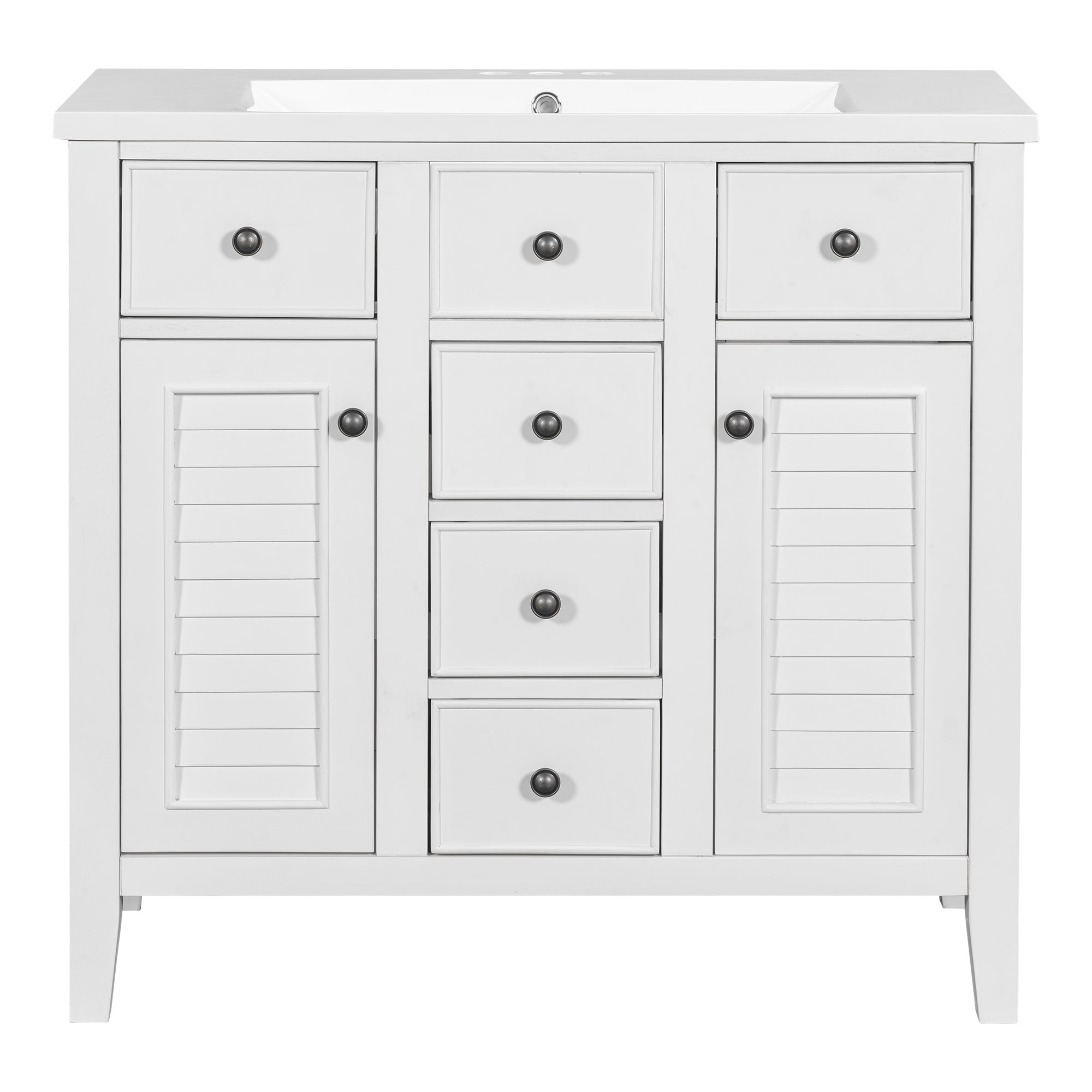 36" Bathroom Vanity with Ceramic Basin, Two Cabinets and Five Drawers, Solid Wood Frame, White (OLD SKU: SY999202AAK-1)