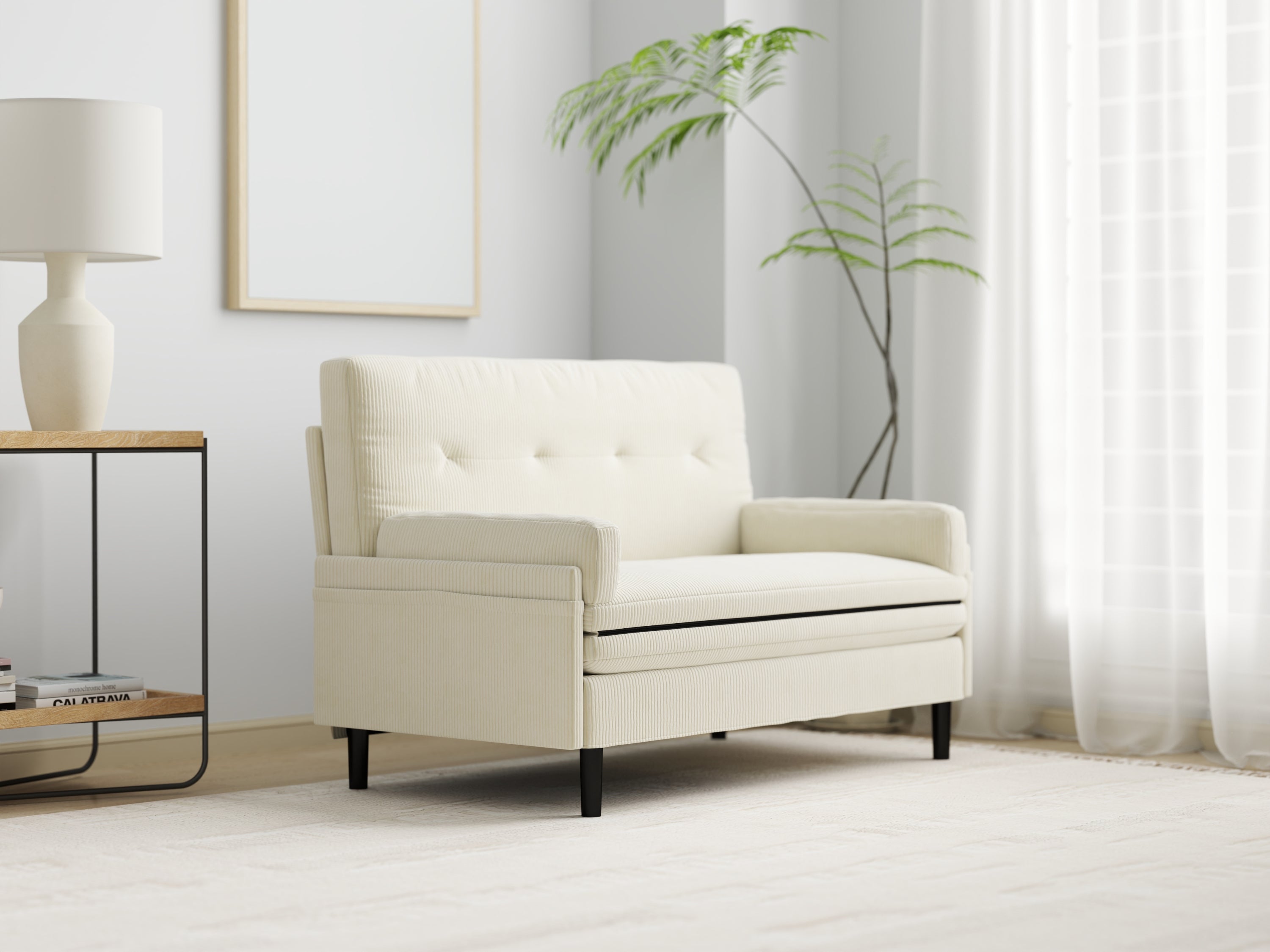 Ivory Corduroy Loveseat, Convertible Lounge Chair and Bed