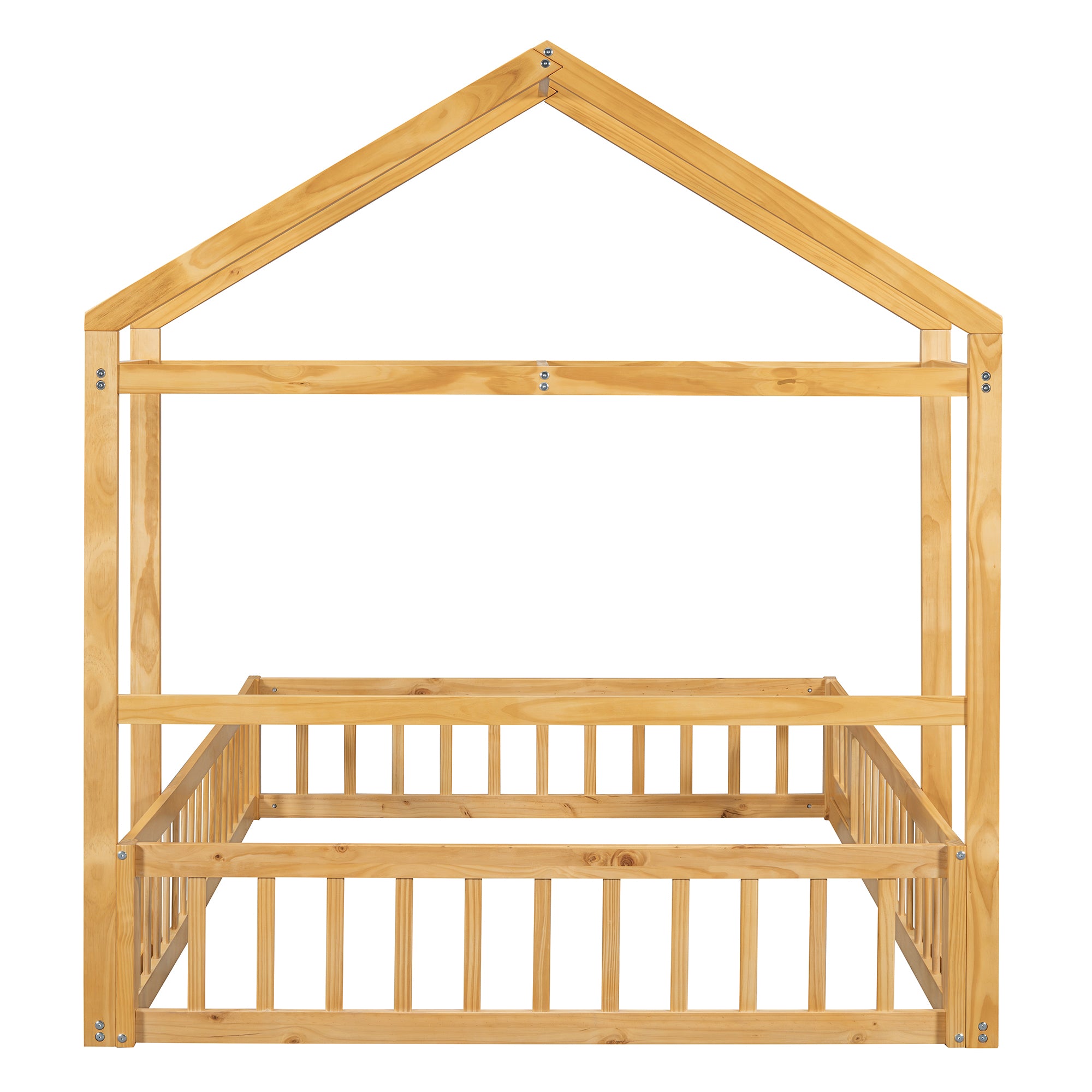 Wooden Floor Bed with Fence Railings and Detachable House Shape Headboard,Full Size Bed with Kids Dress Up Rack, Kids Montessori Style Playhouse Frame for Girls Boys, Natural