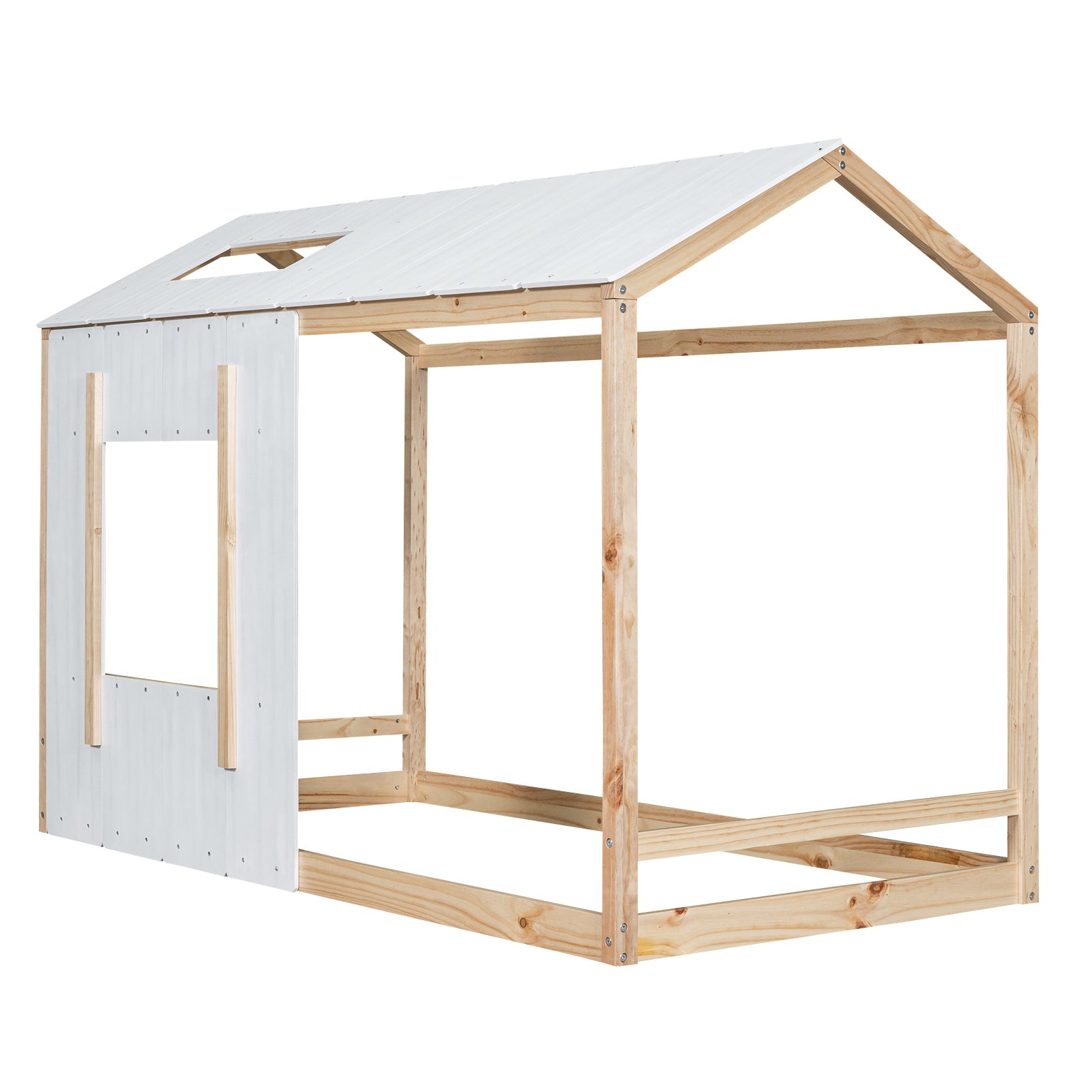 Twin Size House Platform with Roof and Window , White+Natural