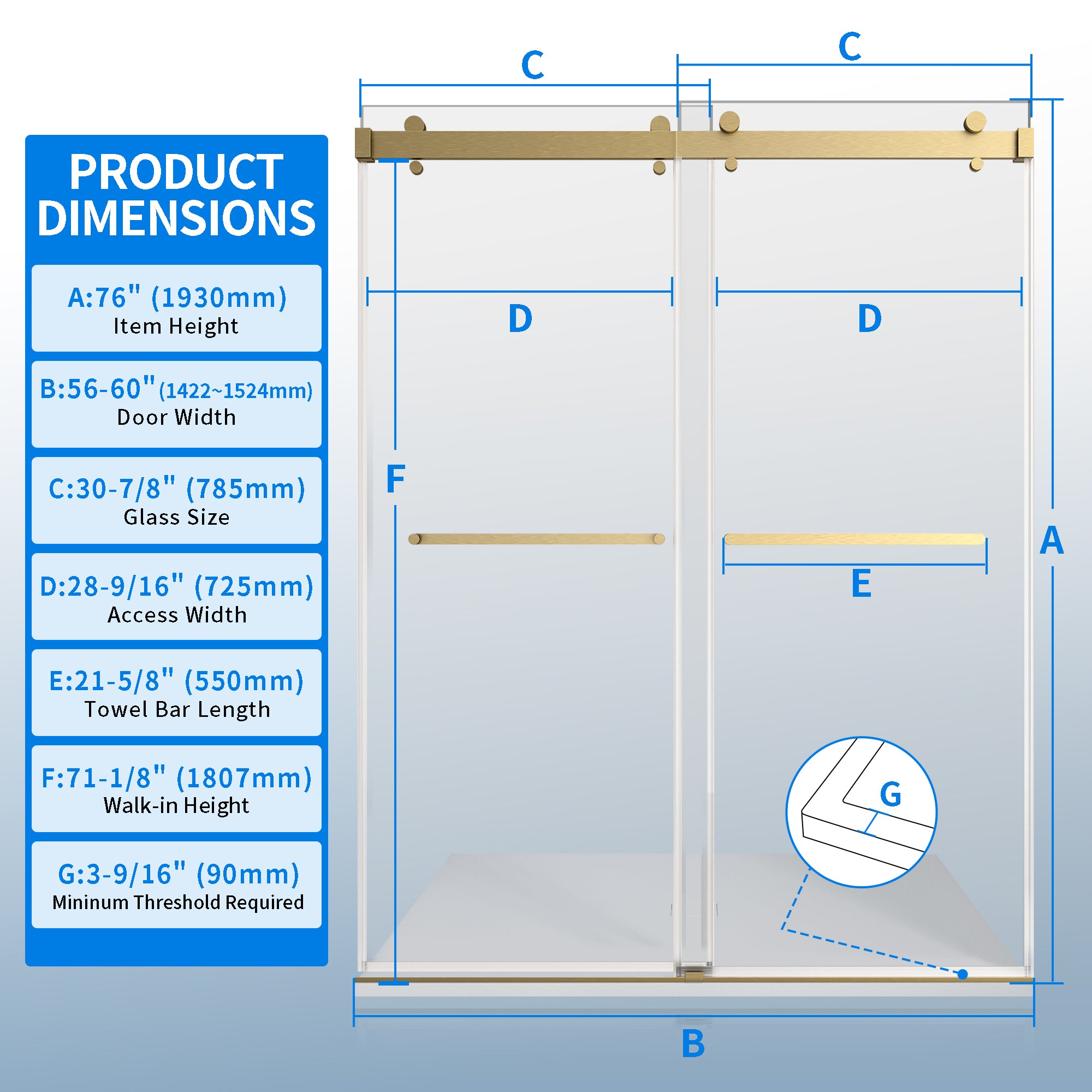 56" - 60" W × 76" H Double Sliding Framless Soft-Close Shower Door With 3/8 inches (10mm) Tempered Safety Glass, Brushed Gold Finish