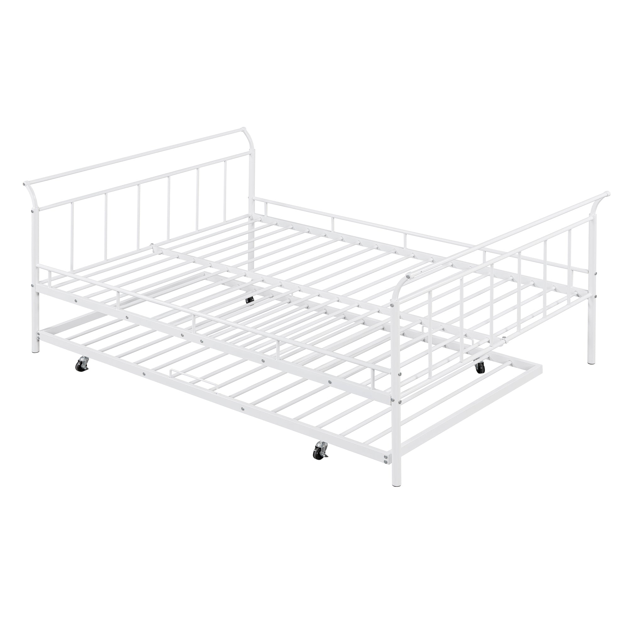 Full Size Metal Daybed with Curved Handle Design and Twin Size Trundle, White