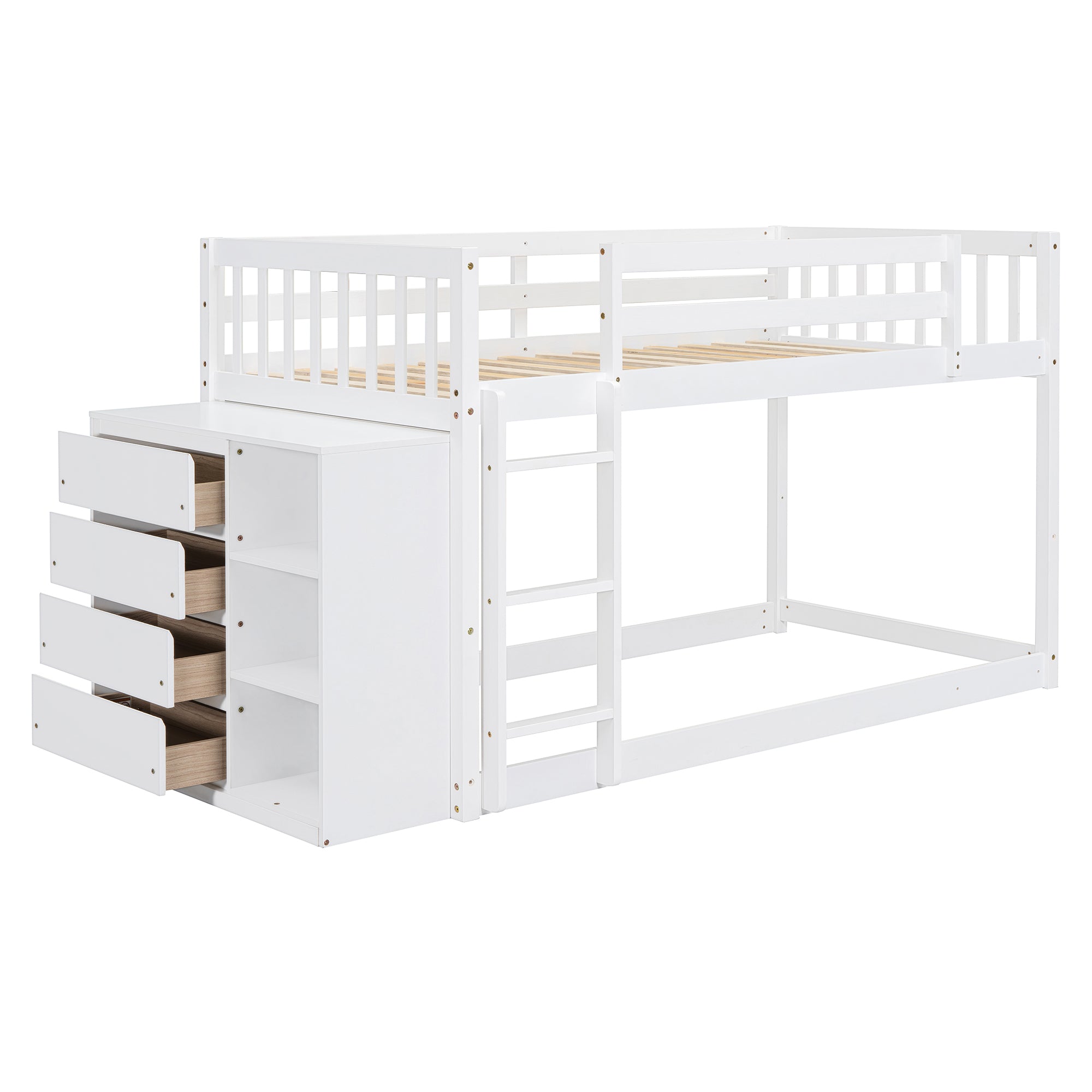 Twin over Twin Bunk Bed with 4 Drawers and 3 Shelves-White