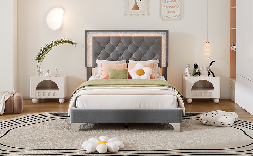 Twin Size Upholstered Bed Frame with LED Lights,Modern Velvet Platform Bed with Tufted Headboard,Grey