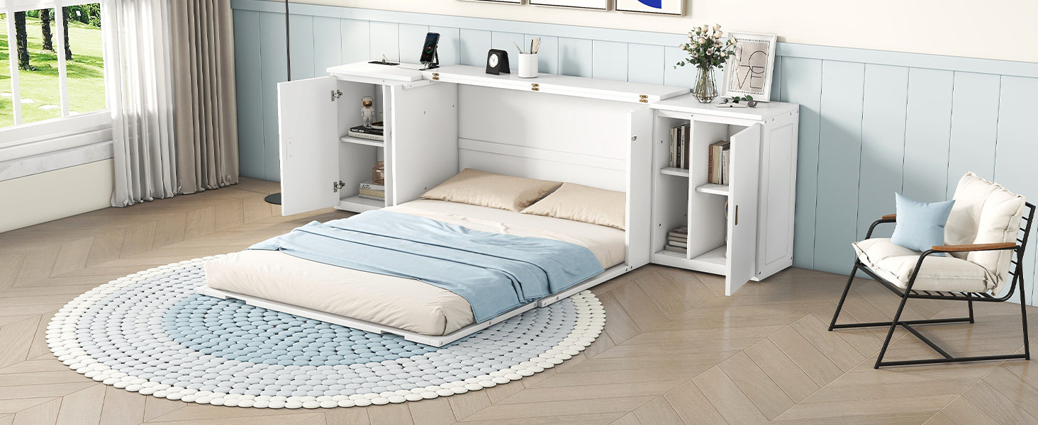 Queen Size Murphy Bed with Shelves, Cabinets and USB Ports,White