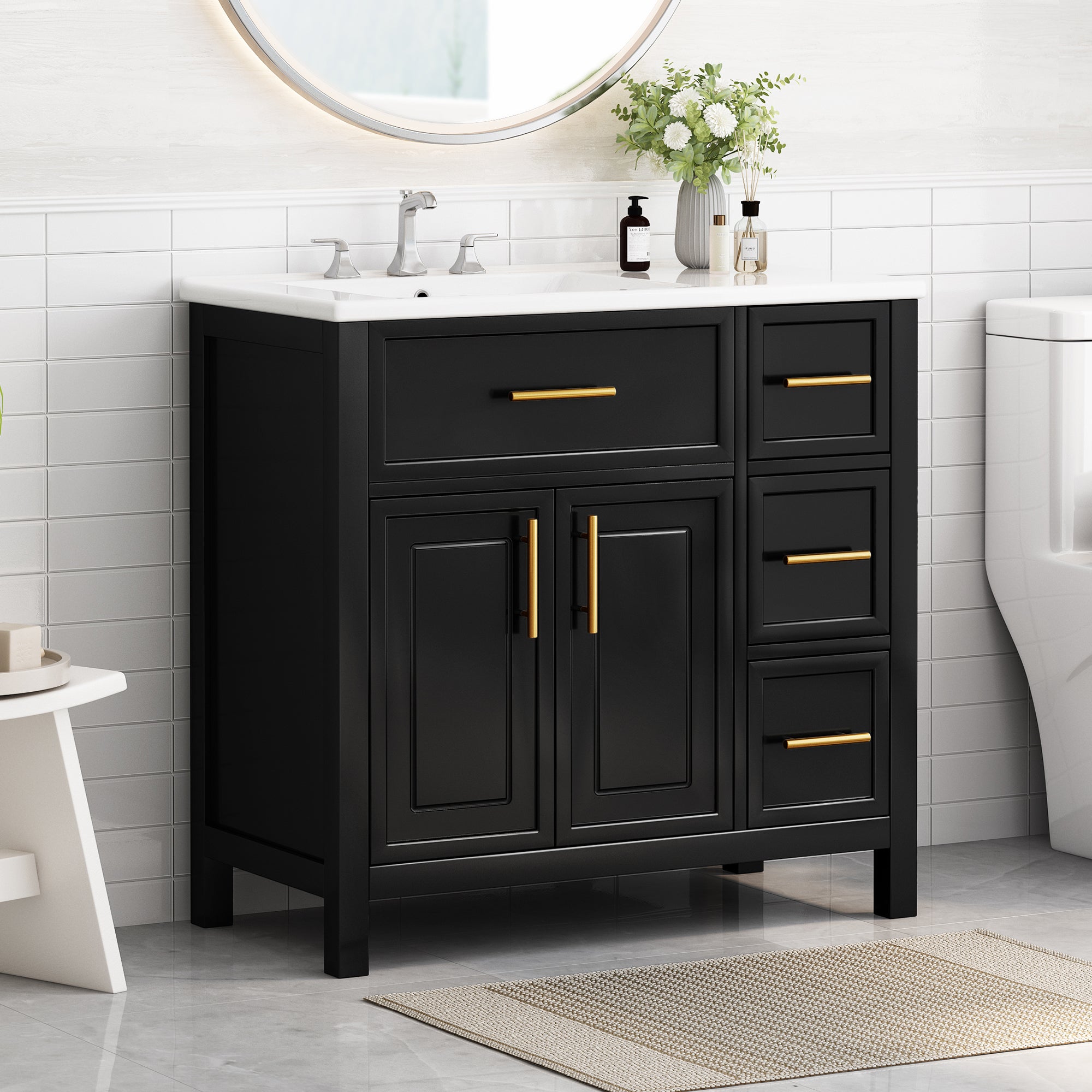 36" Bathroom Vanity with Sink Top, Bathroom Vanity Cabinet with Two Doors and Three Drawers, Solid Wood , MDF Boards ,One Package, Black